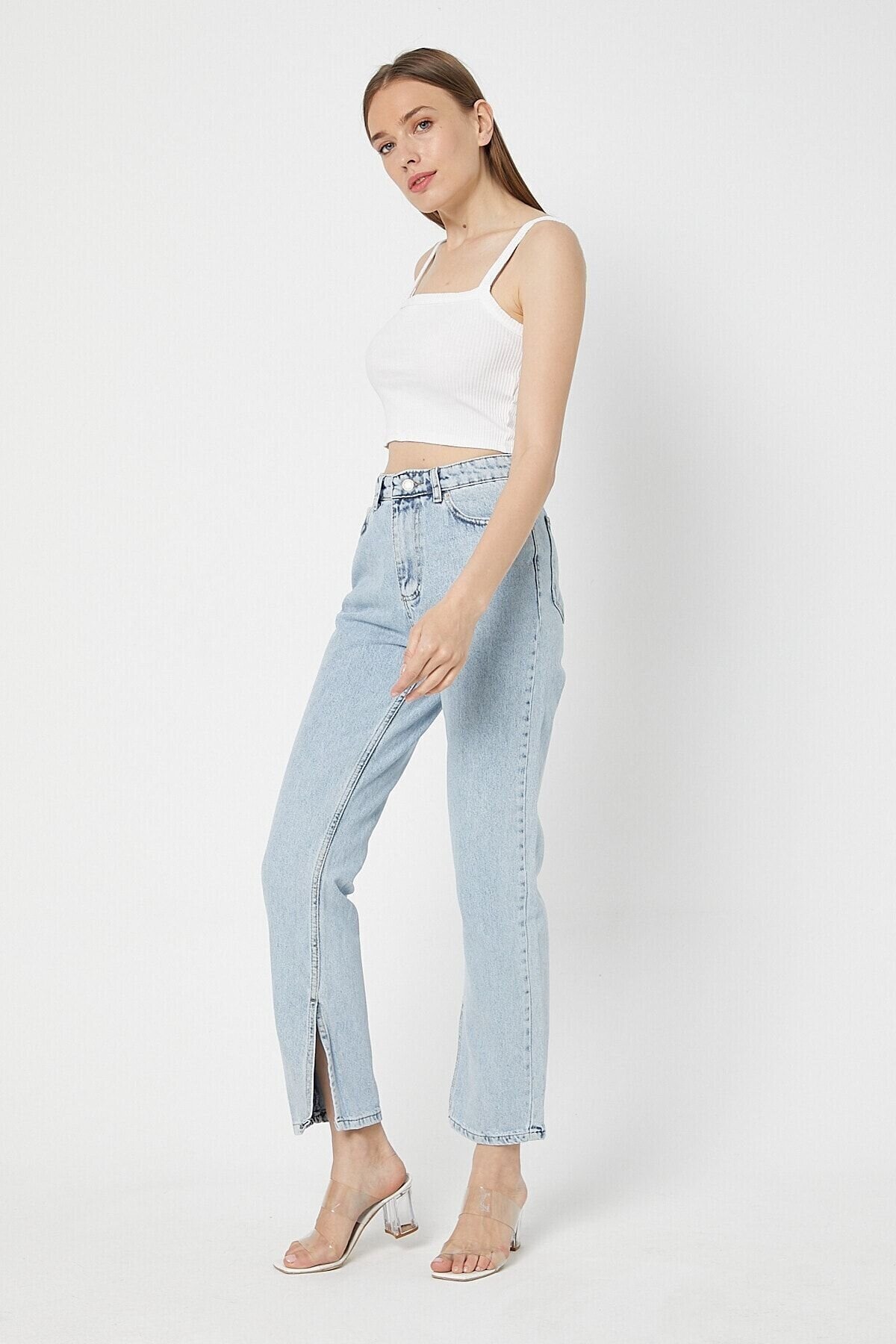 Içden Yırtmaçlı Mom Kalıp  Jeans Pantalon