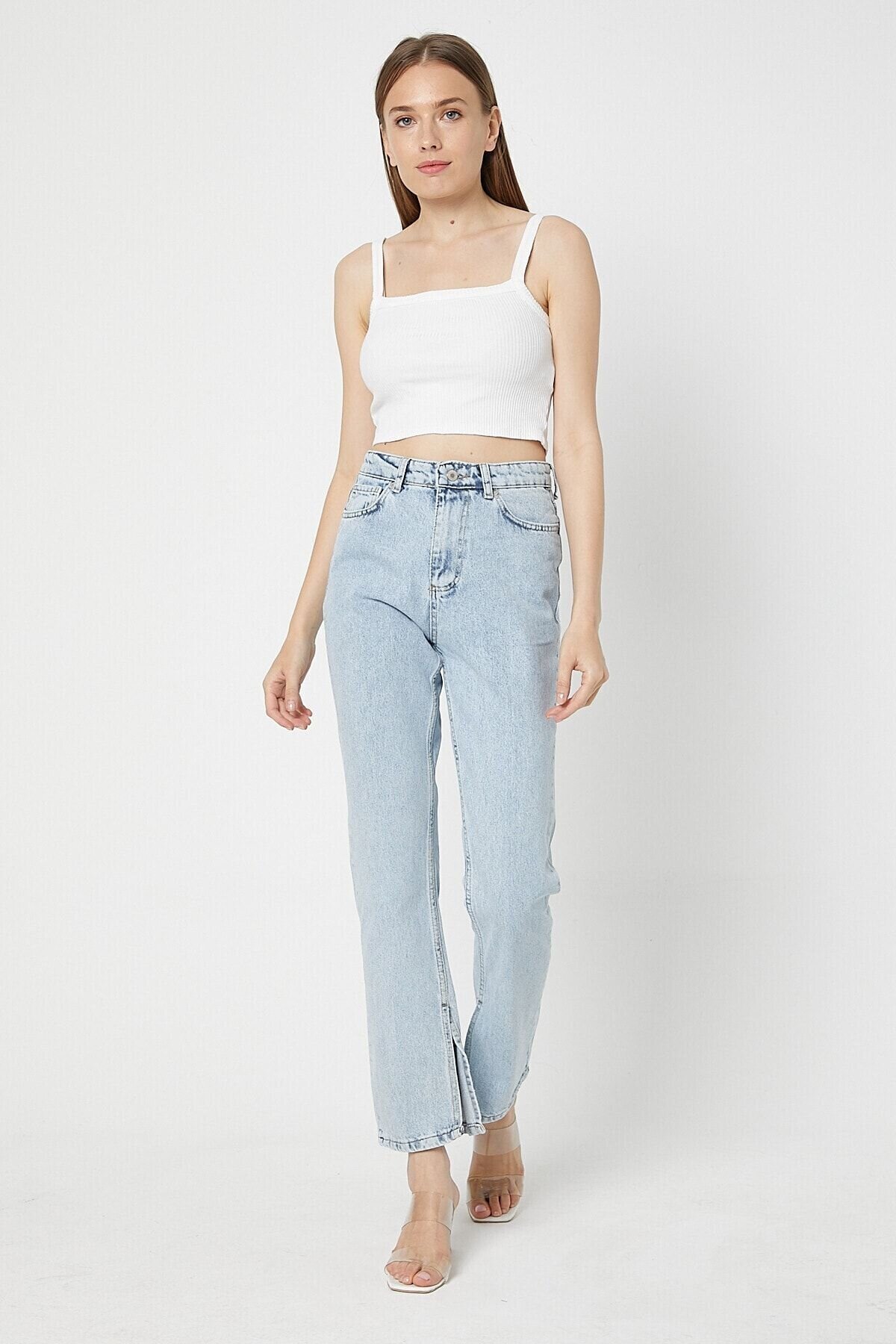 Içden Yırtmaçlı Mom Kalıp  Jeans Pantalon