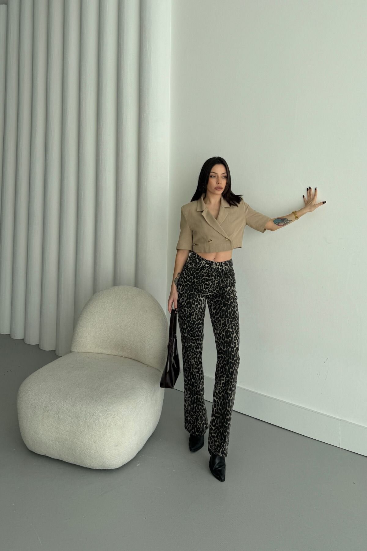 Kadın Baggy Fit Leopar Desen Palazzo Kot Pantolon