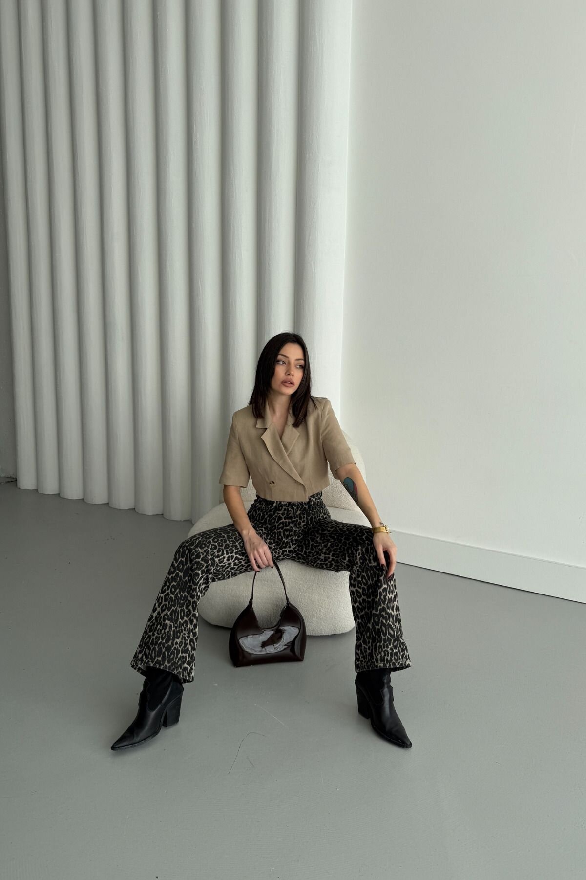 Kadın Baggy Fit Leopar Desen Palazzo Kot Pantolon