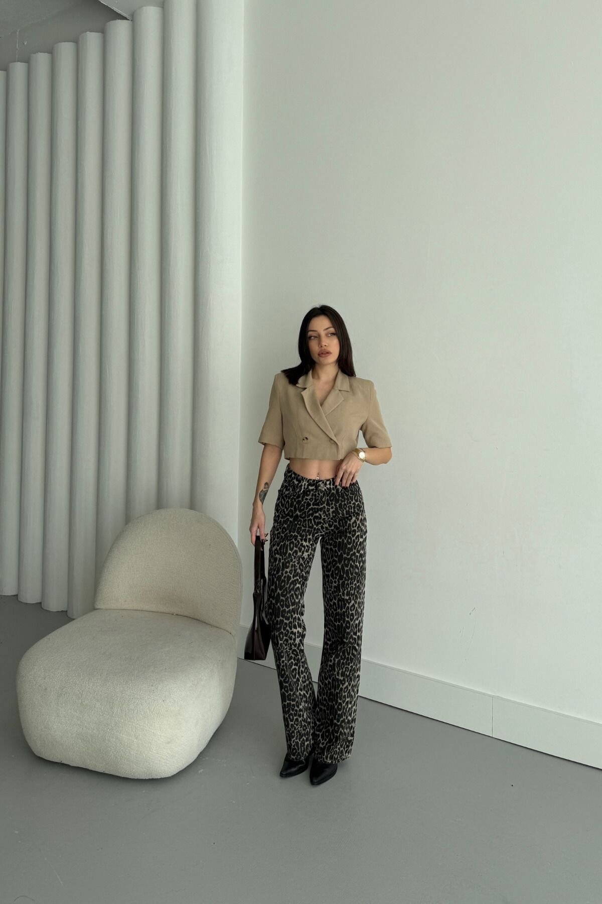 Kadın Baggy Fit Leopar Desen Palazzo Kot Pantolon
