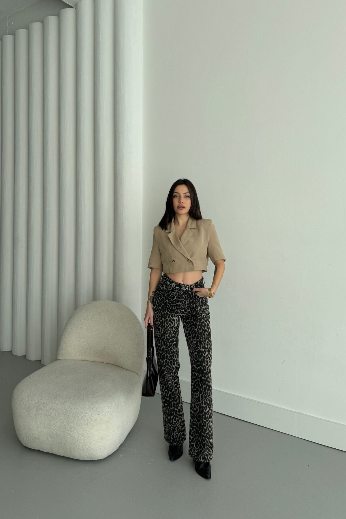 Kadın Baggy Fit Leopar Desen Palazzo Kot Pantolon