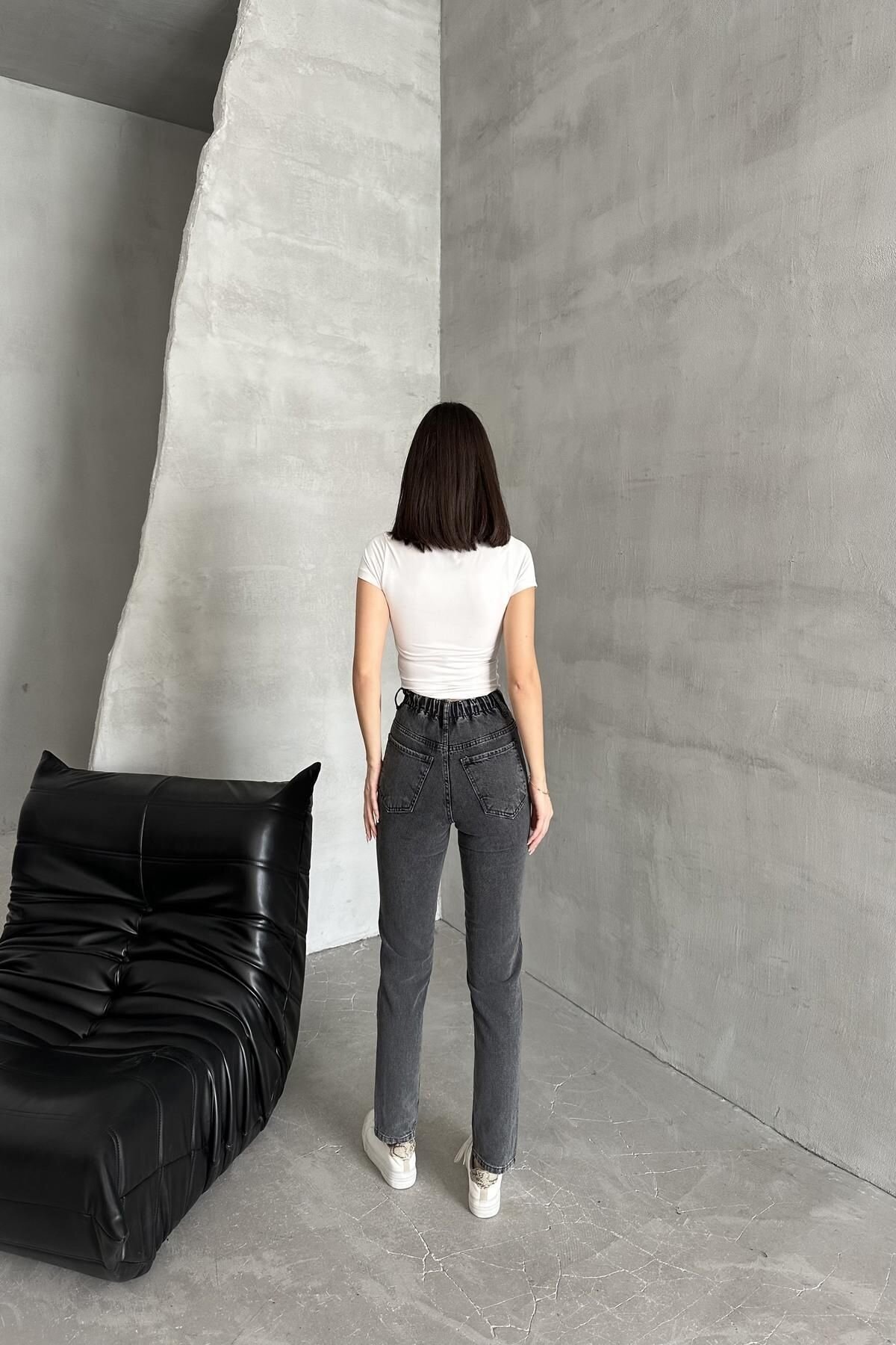 Kadın Bol Paça Mom Fit Lastikli Bel Jogger Füme Kot Pantolon