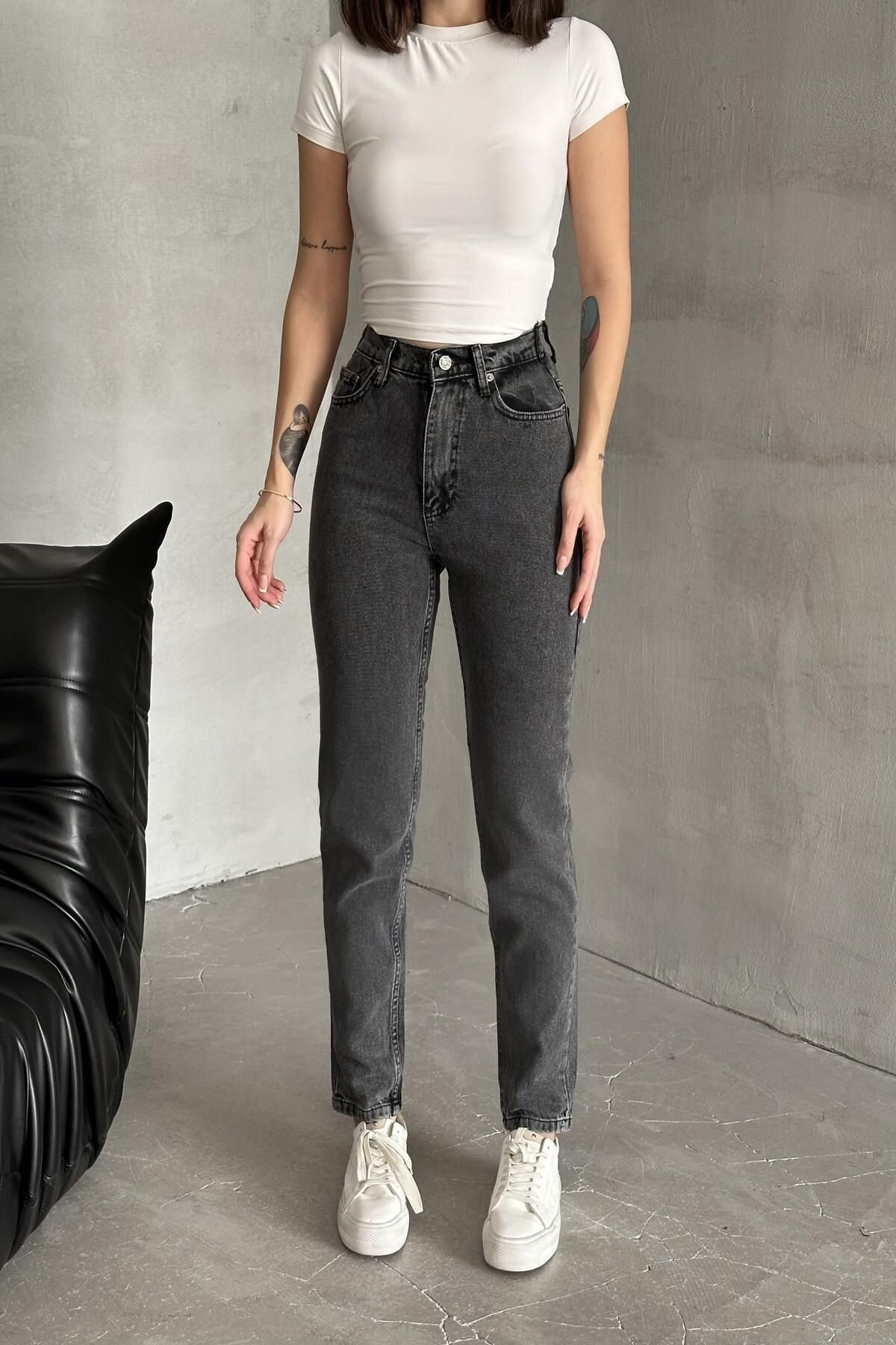Kadın Bol Paça Mom Fit Lastikli Bel Jogger Füme Kot Pantolon