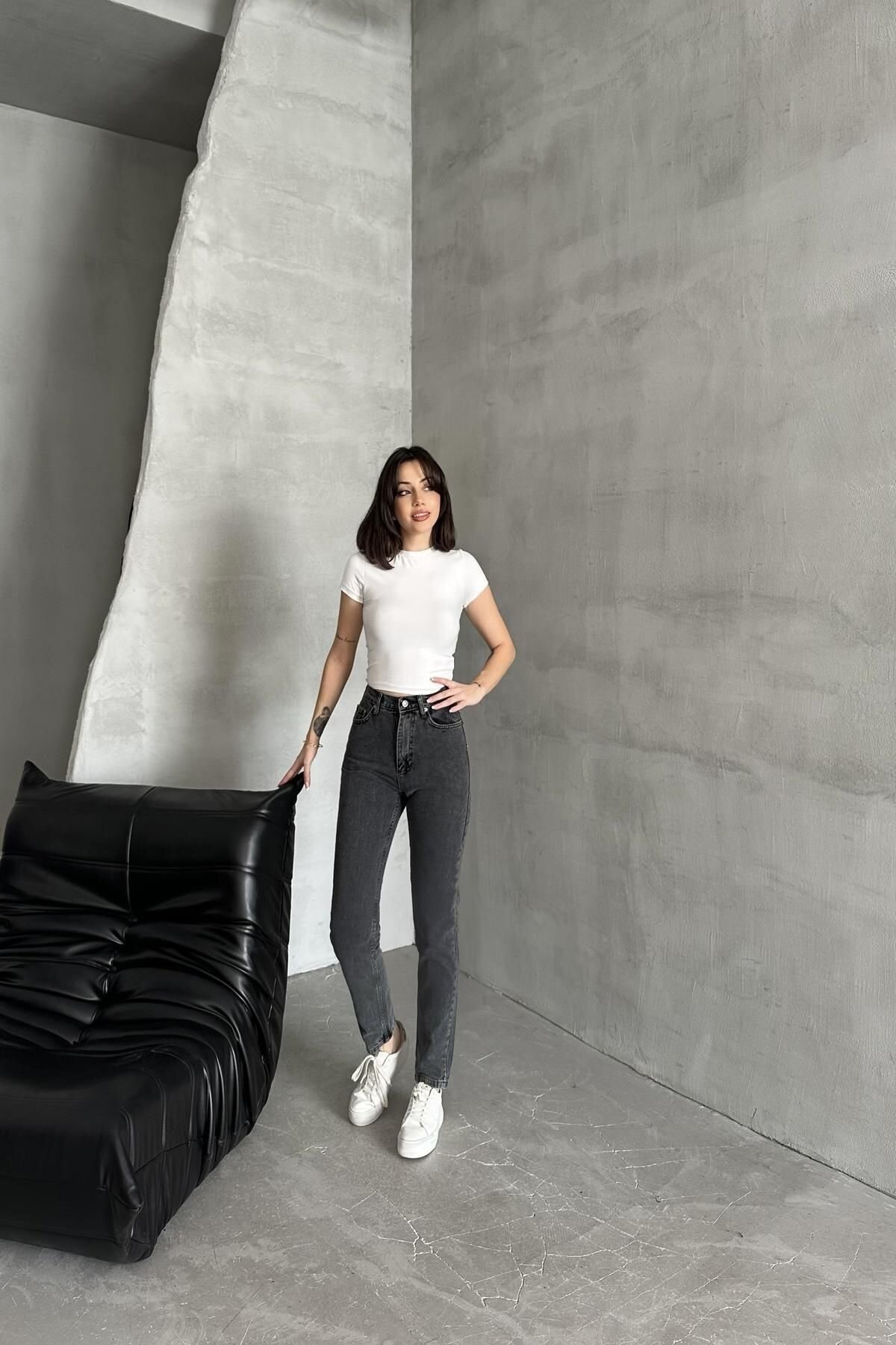 Kadın Bol Paça Mom Fit Lastikli Bel Jogger Füme Kot Pantolon