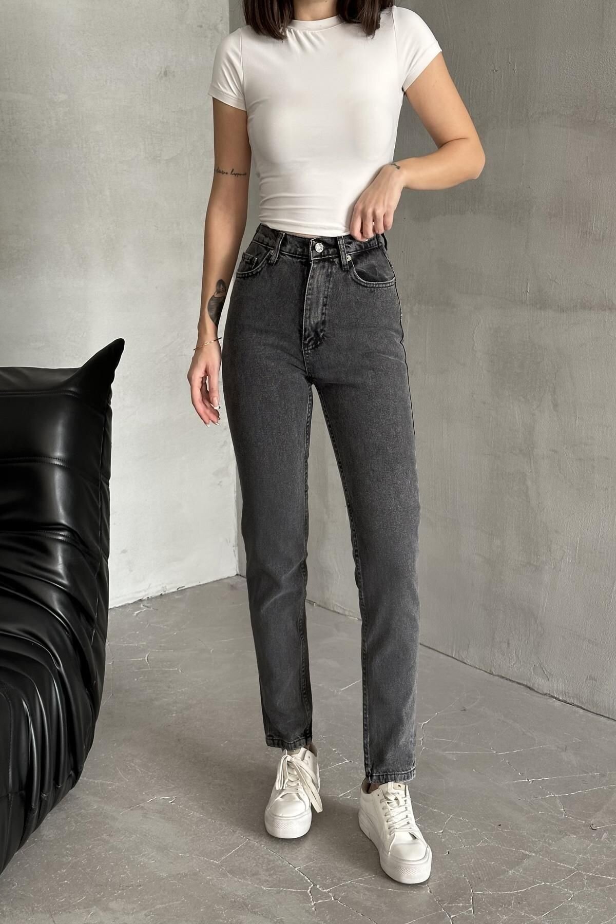 Kadın Bol Paça Mom Fit Lastikli Bel Jogger Füme Kot Pantolon