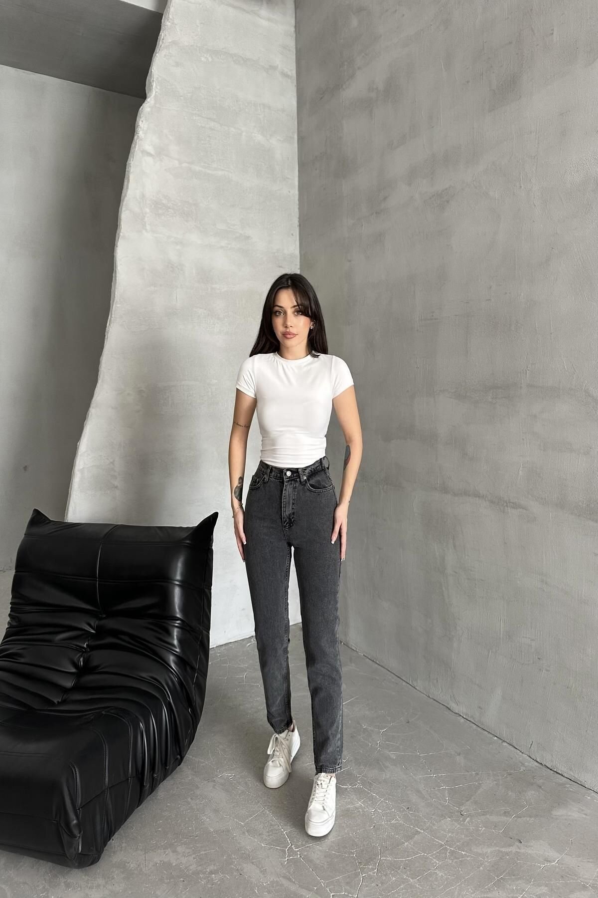 Kadın Bol Paça Mom Fit Lastikli Bel Jogger Füme Kot Pantolon