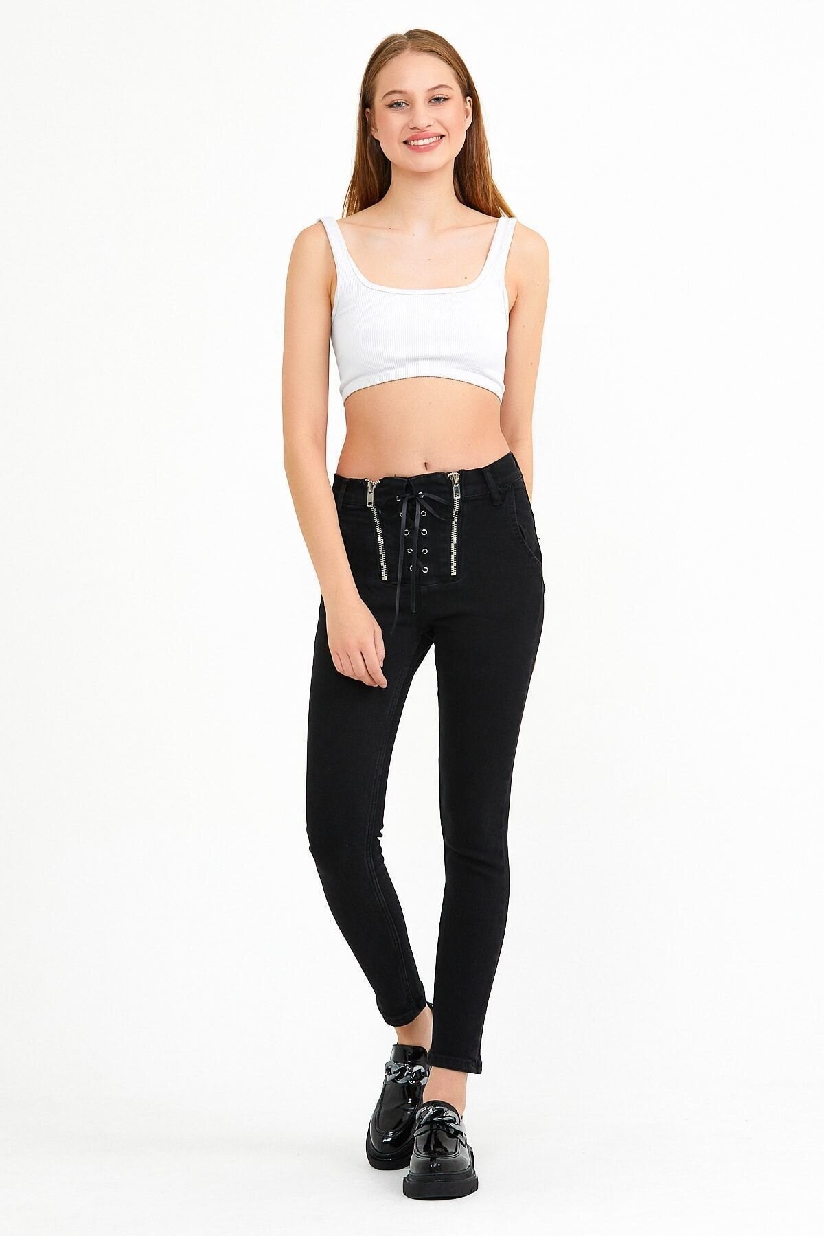 Kadın Jeanchic Fermuar Detayli Yüksek Bel Dar Paça Kot Pantalon