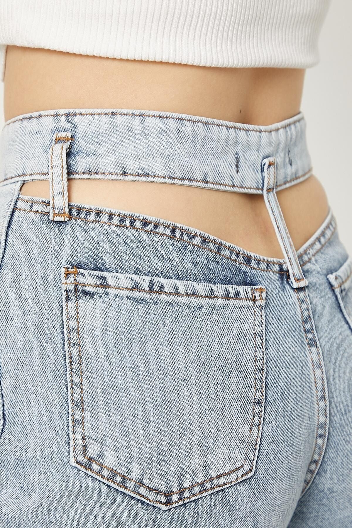 Kadın Jeanchic Yüksek Bel Dekolteli Bol Paça Buz Mavi Palazzo Kot Pantolon