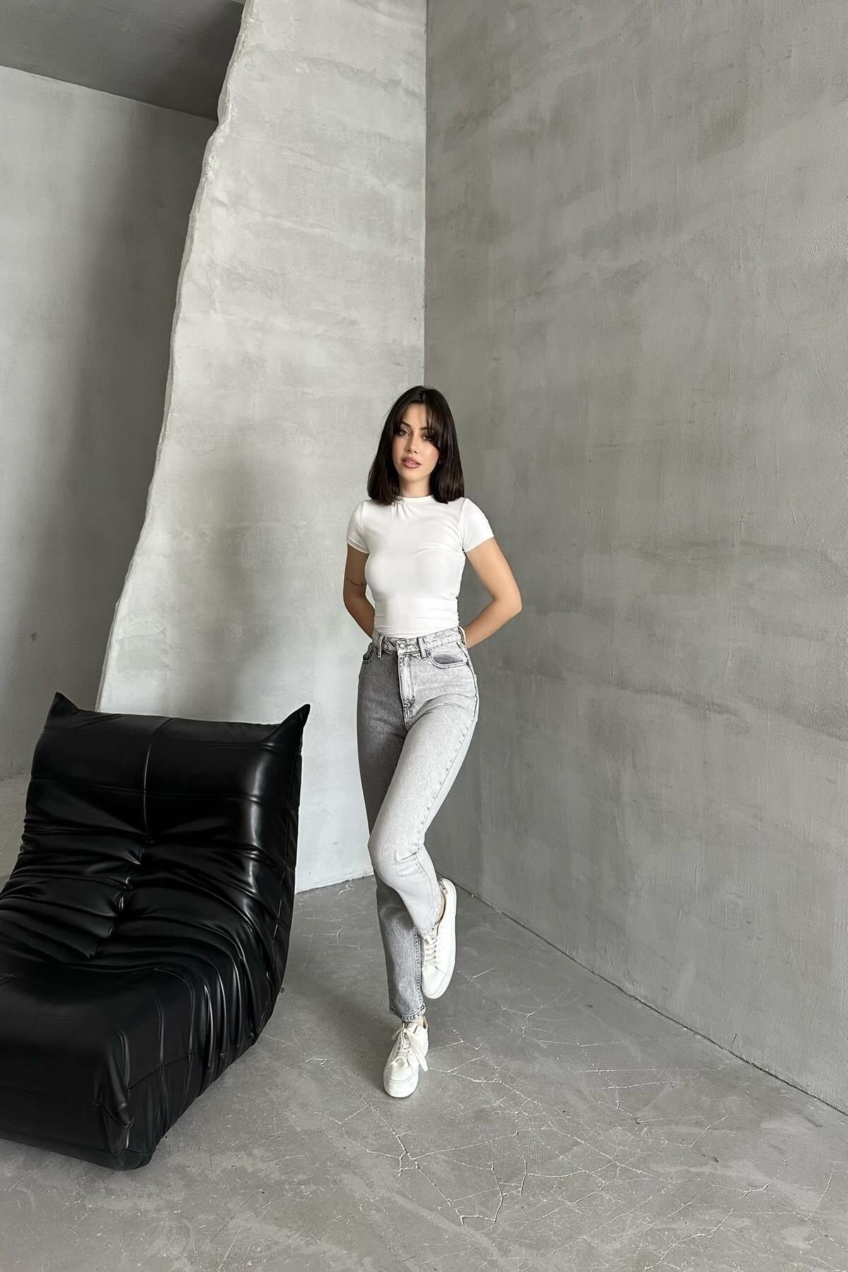 Kadın Jeanmove Çift Renkli Mom Kalıp Dar Paça Füme Kot Pantolon