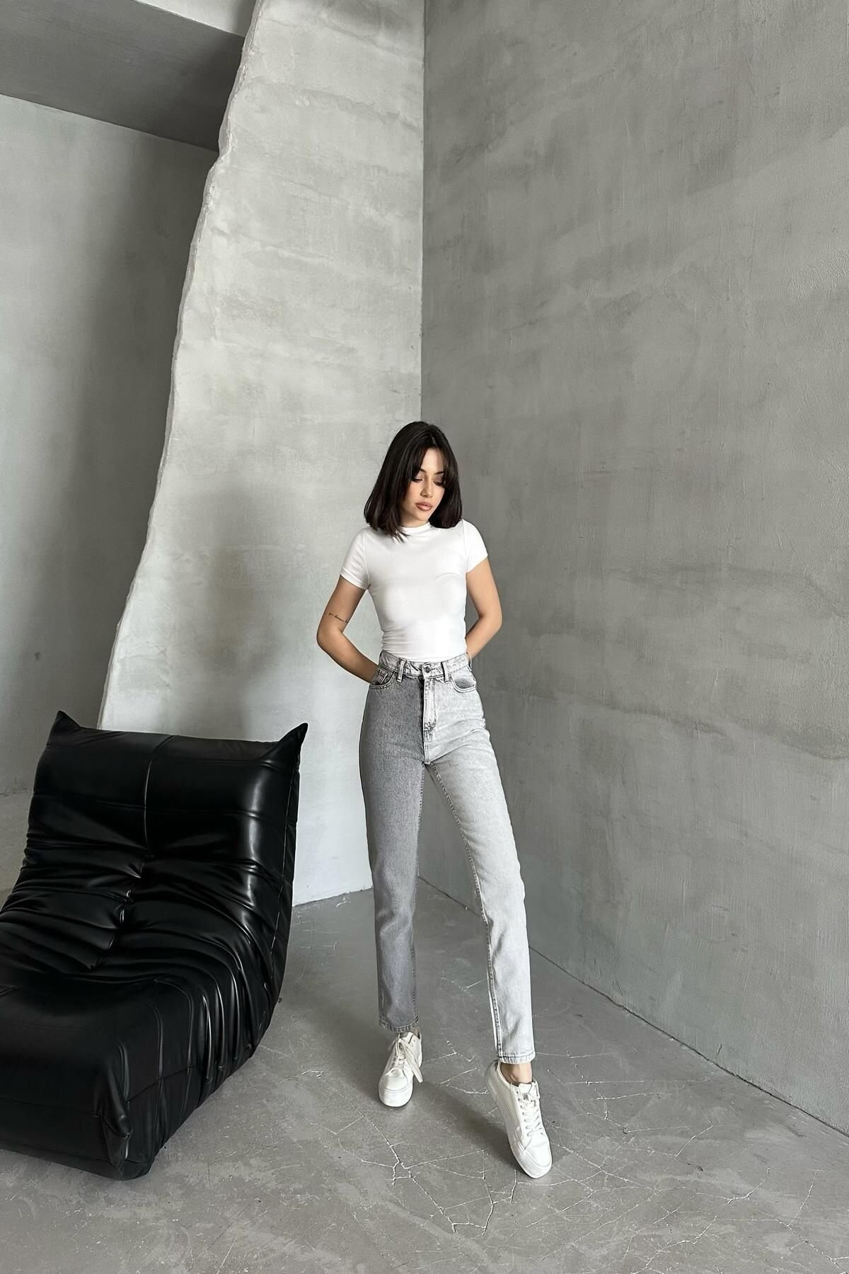 Kadın Jeanmove Çift Renkli Mom Kalıp Dar Paça Füme Kot Pantolon