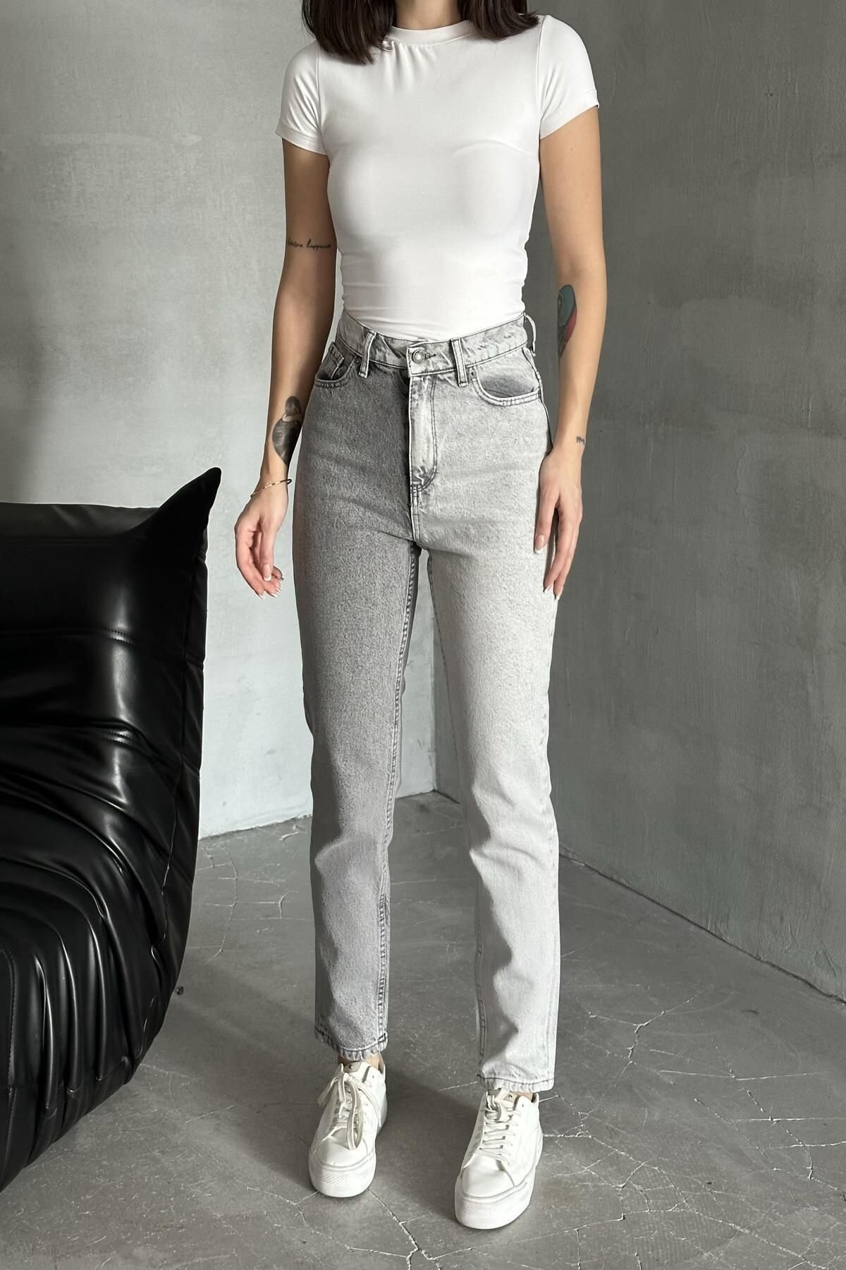 Kadın Jeanmove Çift Renkli Mom Kalıp Dar Paça Füme Kot Pantolon