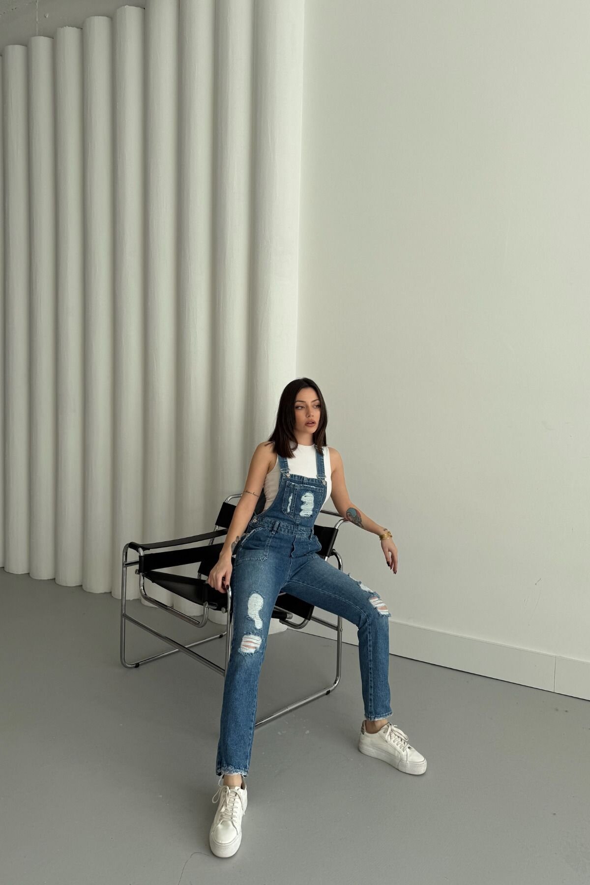 Kadın Jeans Askılı Cepli Bahçıvan Mavi Kot Tulum