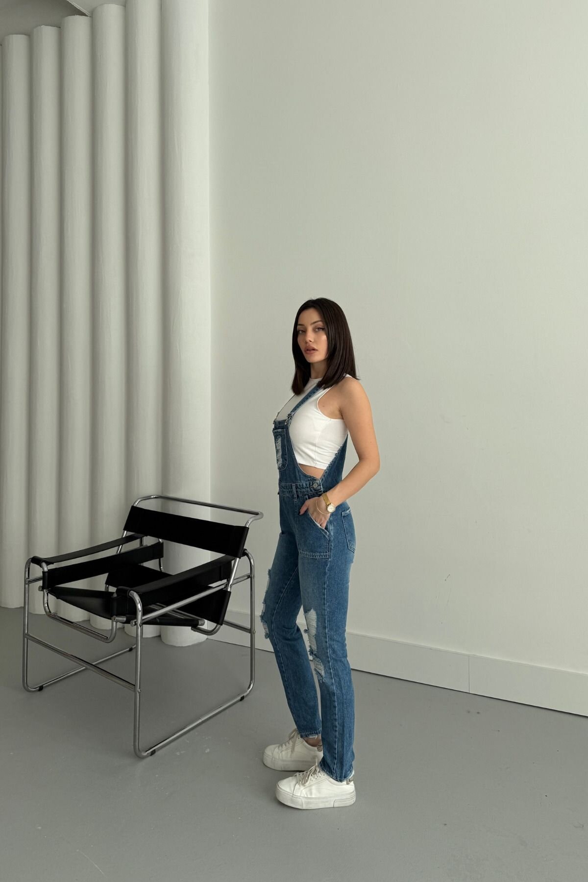 Kadın Jeans Askılı Cepli Bahçıvan Mavi Kot Tulum