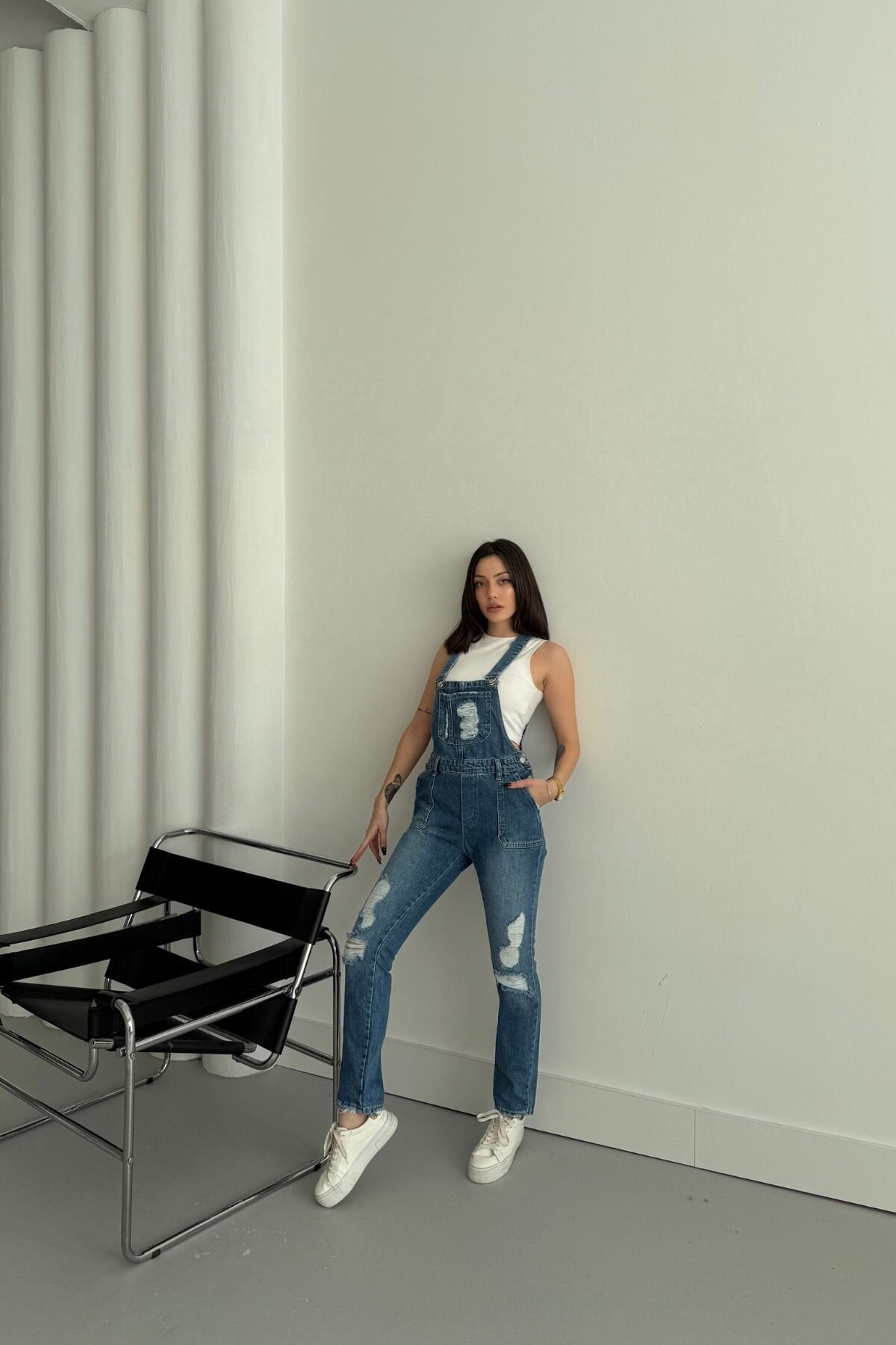 Kadın Jeans Askılı Cepli Bahçıvan Mavi Kot Tulum