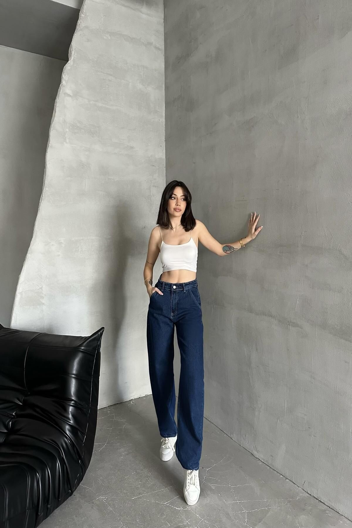 Kadın Jeans Bol Geniş Paça Baggy Fit Lacivert Kot Pantolon