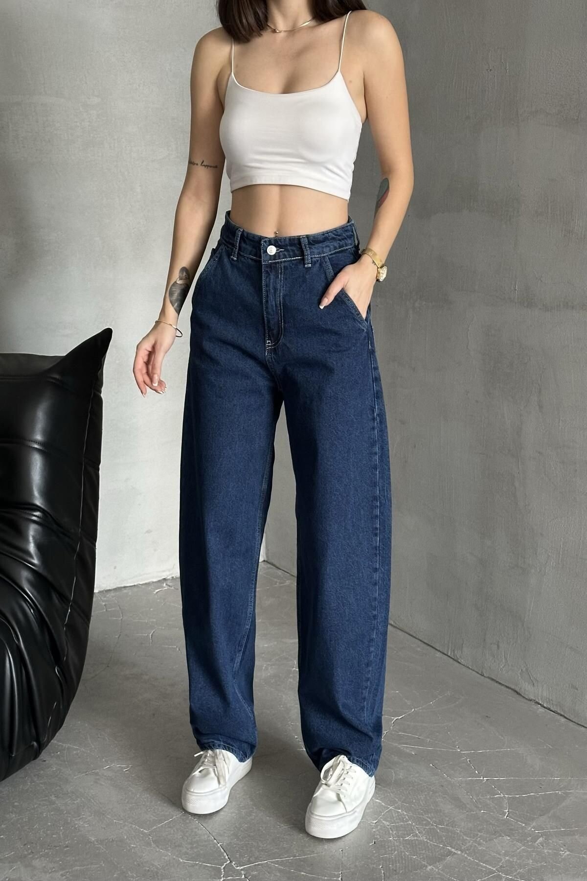 Kadın Jeans Bol Geniş Paça Baggy Fit Lacivert Kot Pantolon