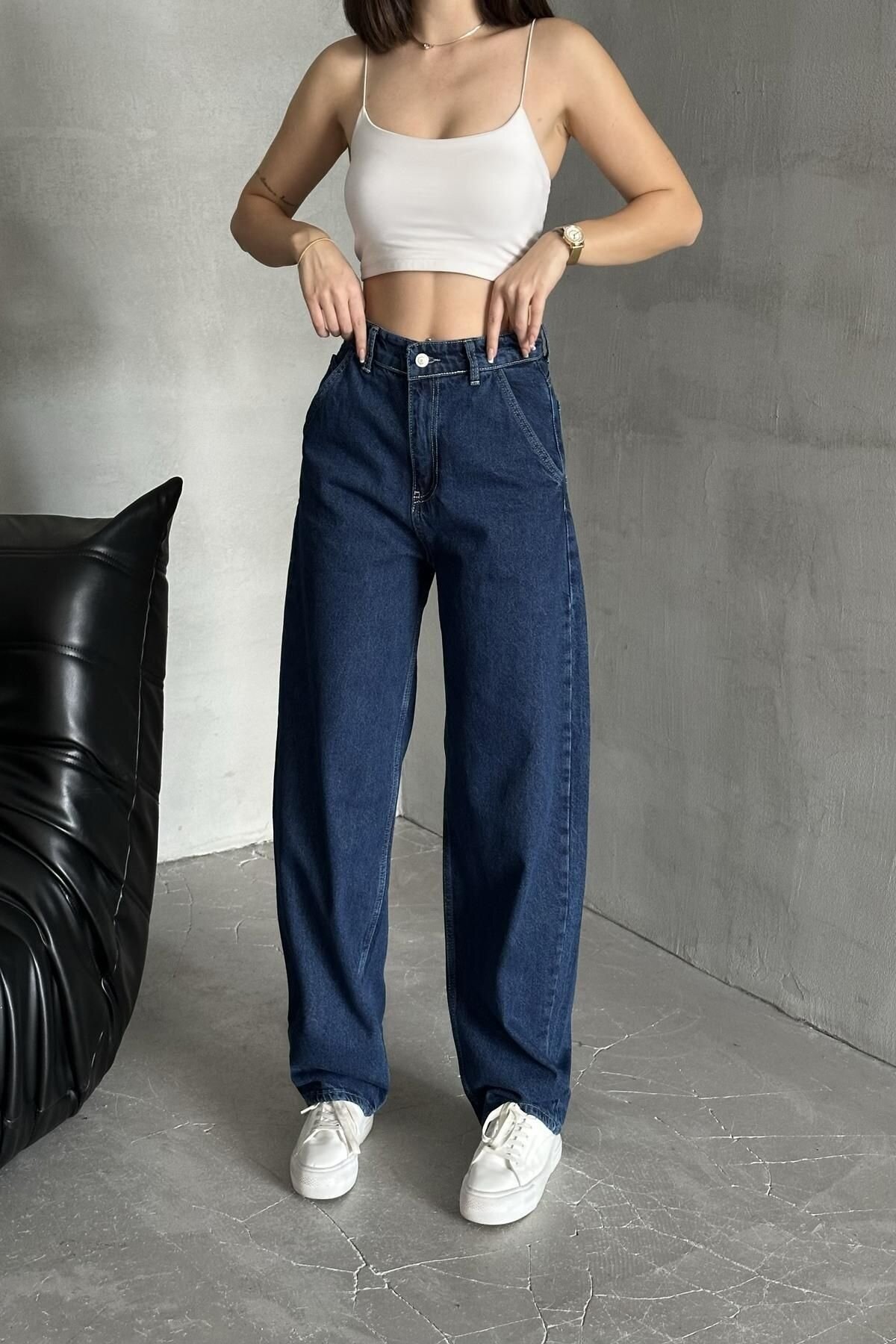Kadın Jeans Bol Geniş Paça Baggy Fit Lacivert Kot Pantolon