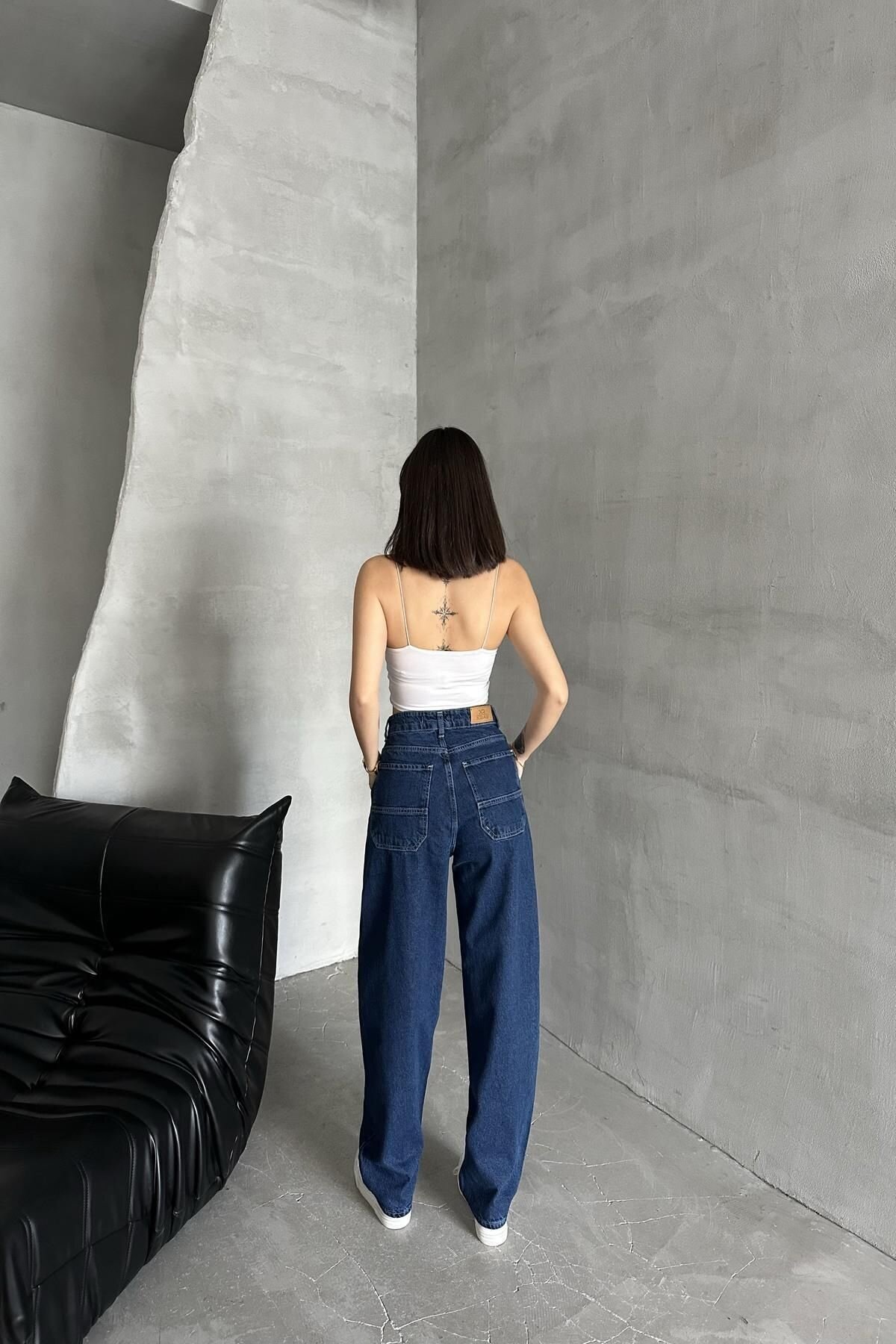 Kadın Jeans Bol Geniş Paça Baggy Fit Lacivert Kot Pantolon
