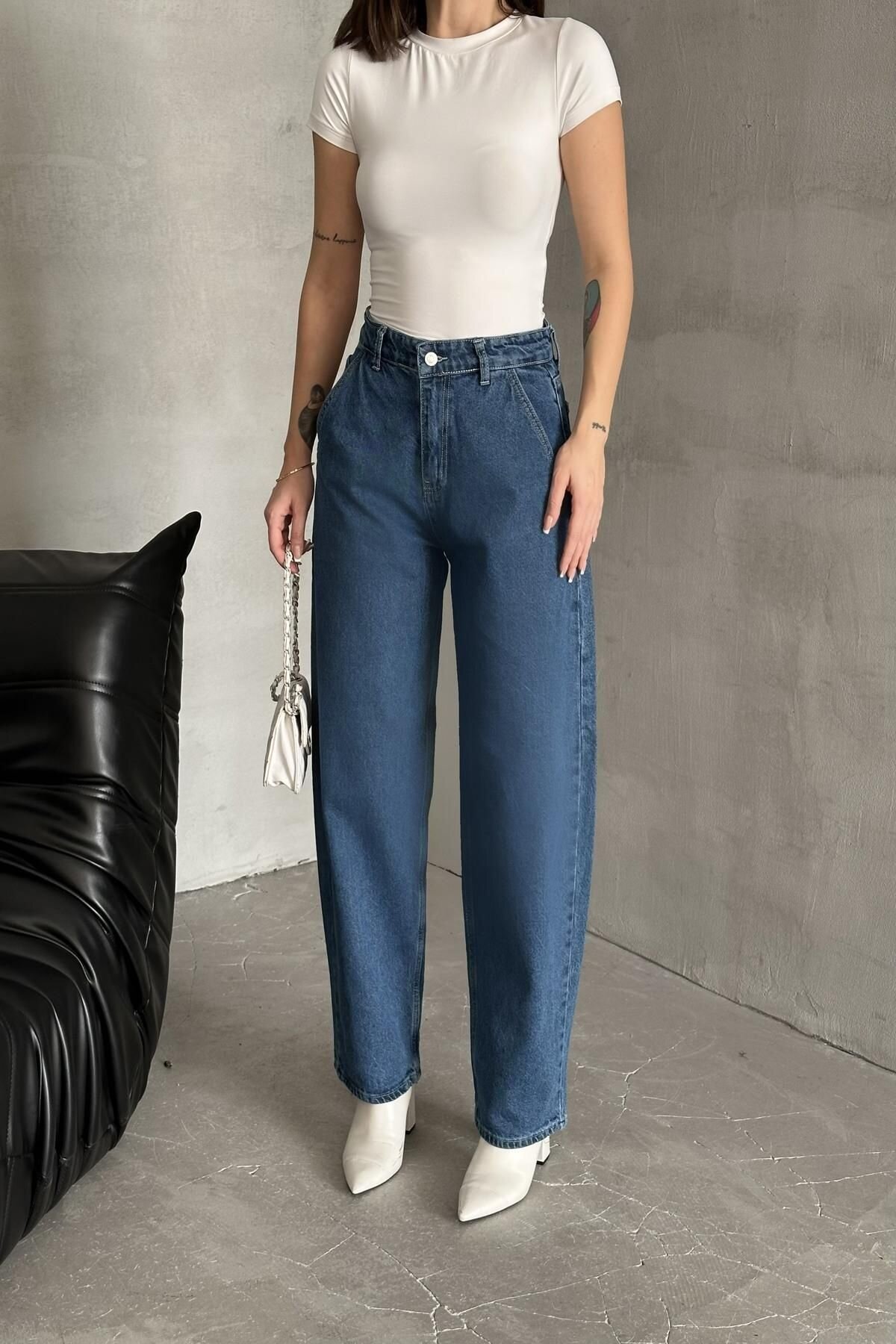 Kadın Jeans Bol Geniş Paça Baggy Fit Mavi Kot Pantolon