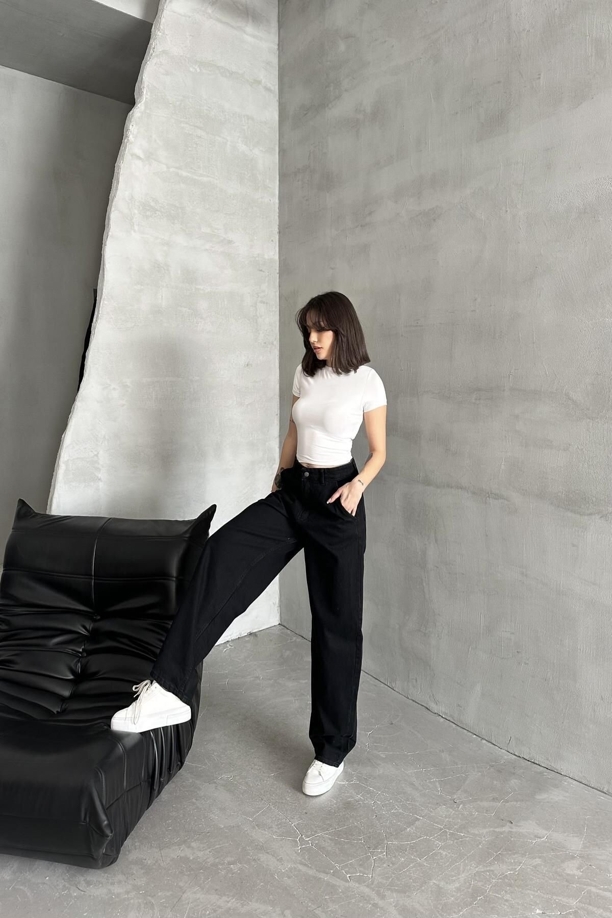 Kadın Jeans Bol Geniş Paça Baggy Fit Siyah Kot Pantolon