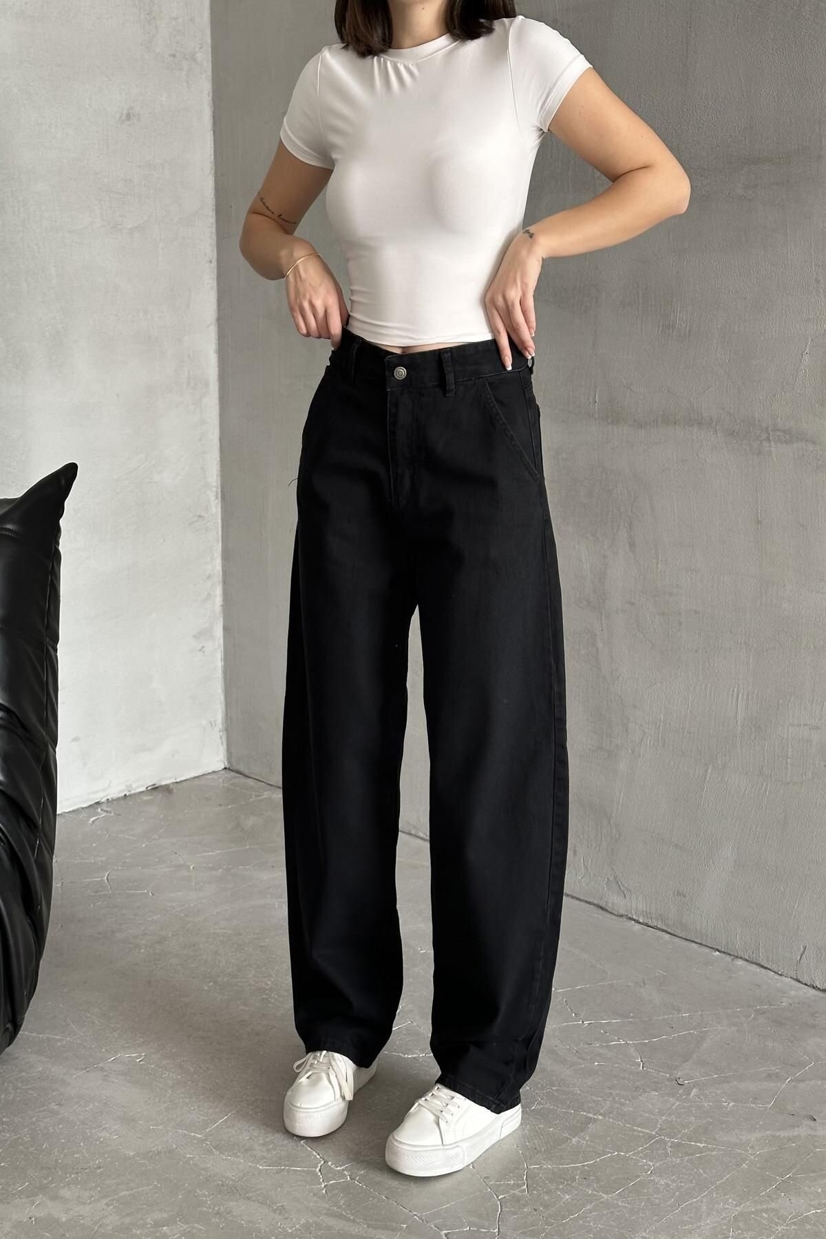 Kadın Jeans Bol Geniş Paça Baggy Fit Siyah Kot Pantolon