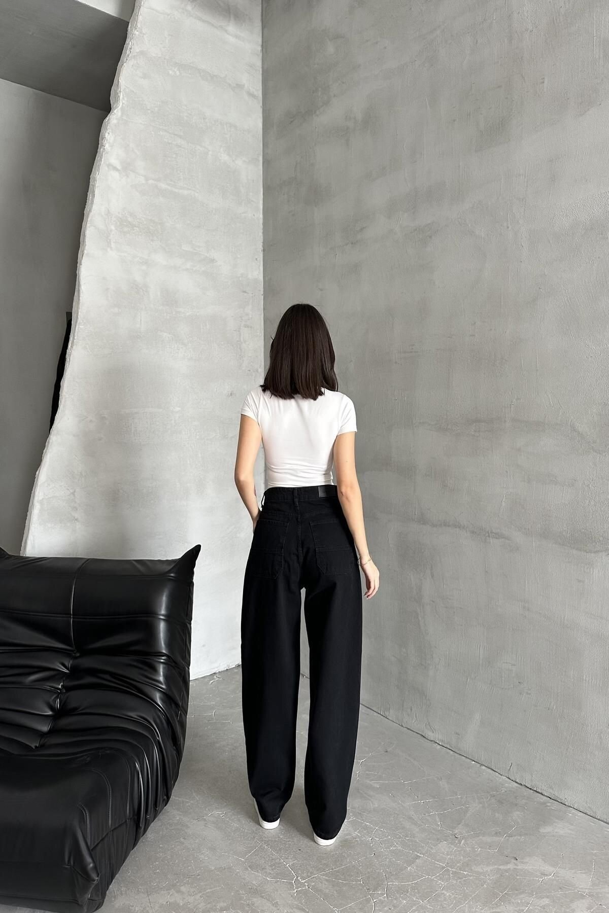 Kadın Jeans Bol Geniş Paça Baggy Fit Siyah Kot Pantolon