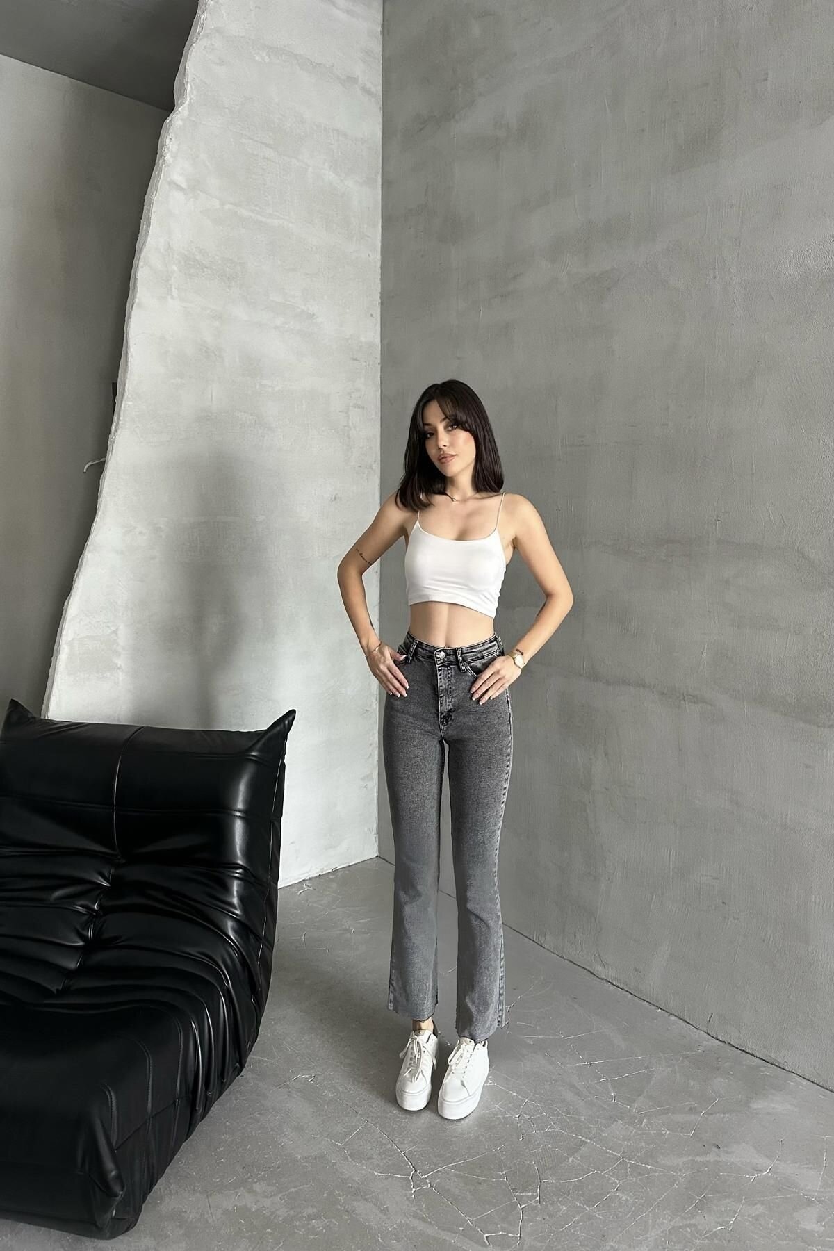 Kadın Jeans Bol İspanyol Geniş Paça Füme Kot Pantolon