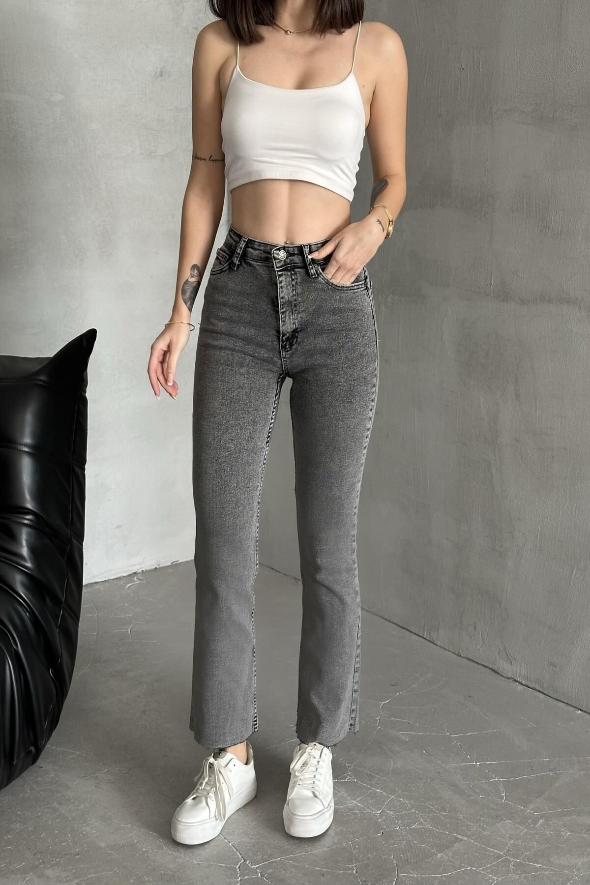 Kadın Jeans Bol İspanyol Geniş Paça Füme Kot Pantolon