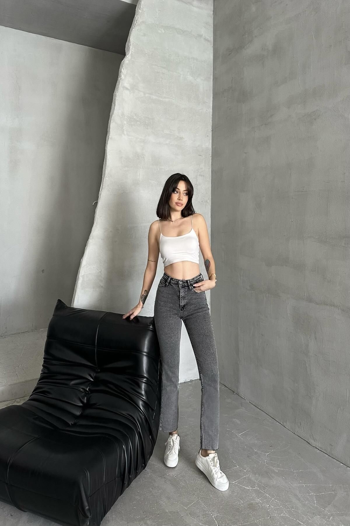Kadın Jeans Bol İspanyol Geniş Paça Füme Kot Pantolon