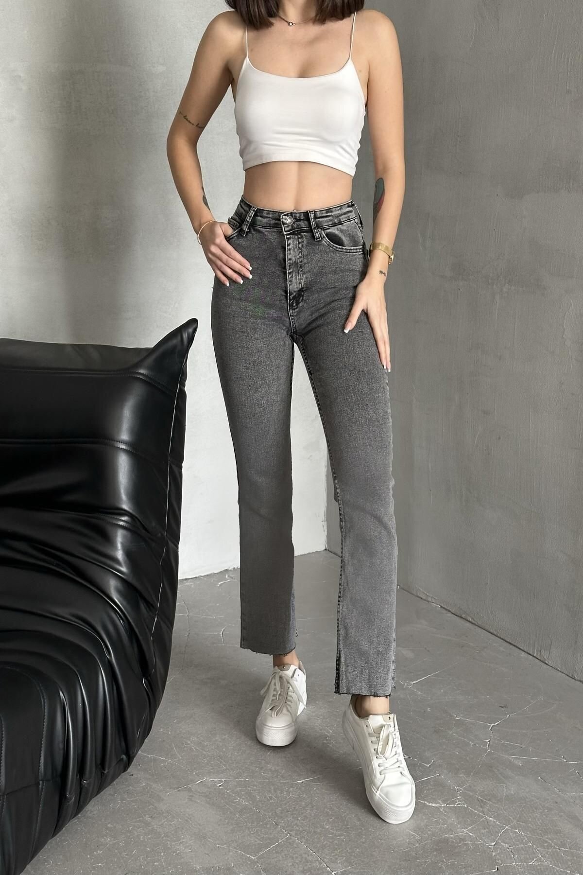 Kadın Jeans Bol İspanyol Geniş Paça Füme Kot Pantolon