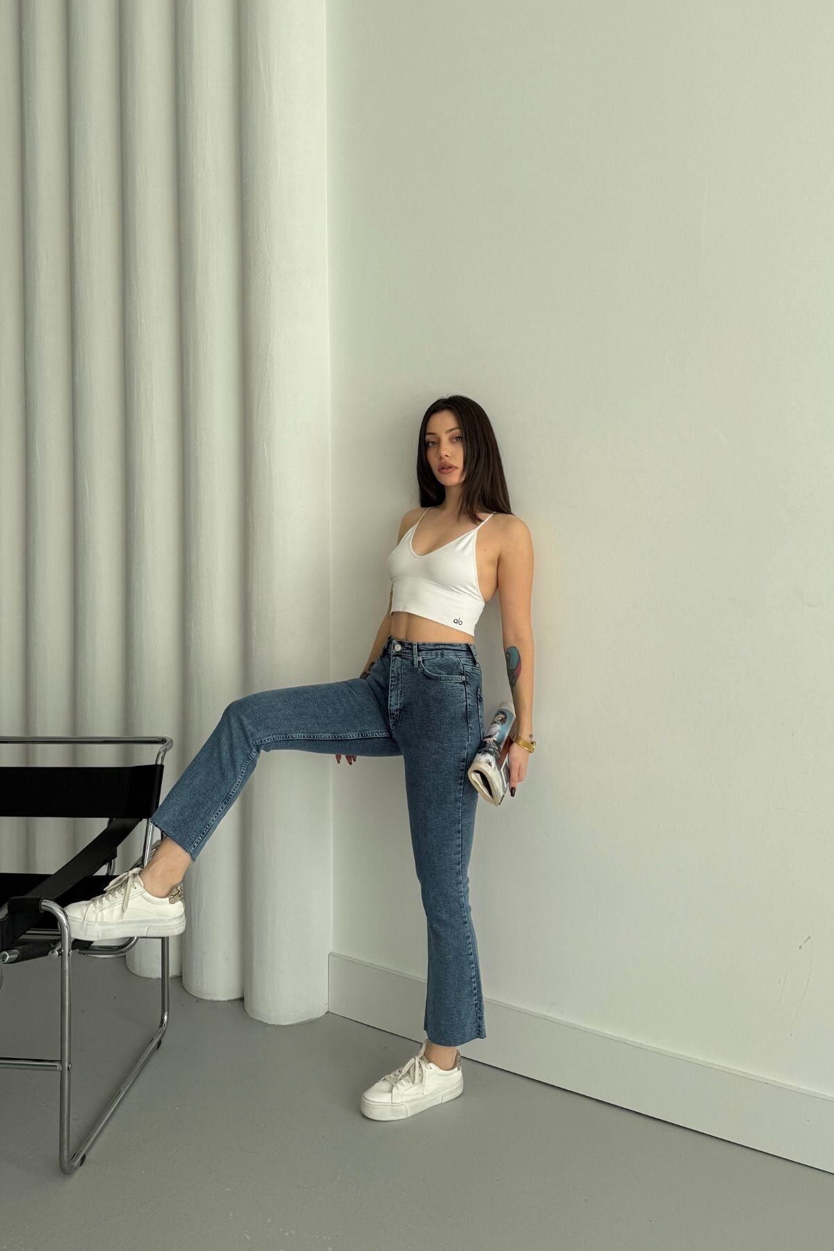 Kadın Jeans Bol İspanyol Paça Mavi Kot Pantolon