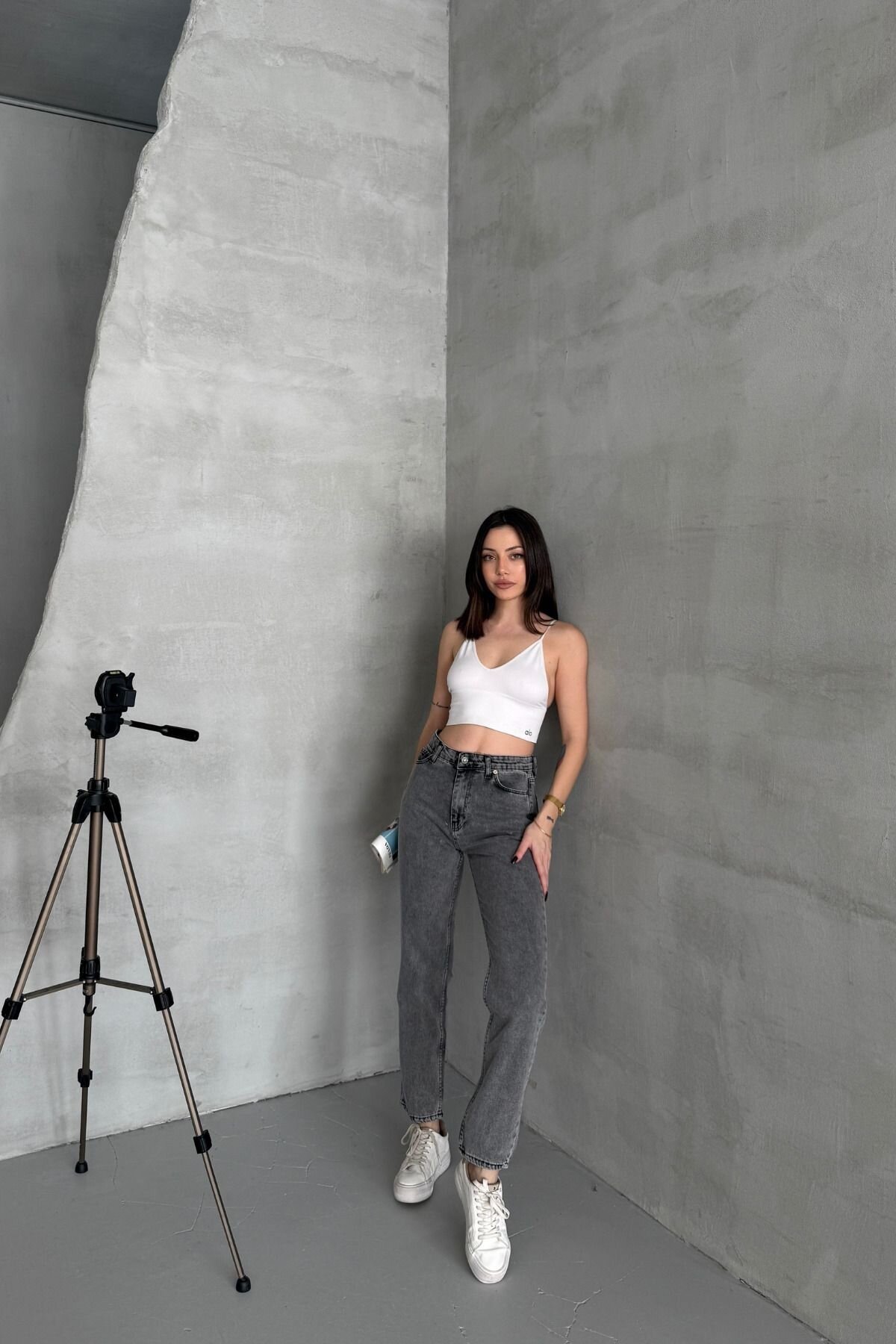 Kadın Jeans Bol Paça Mom Fit Füme Kot Pantolon