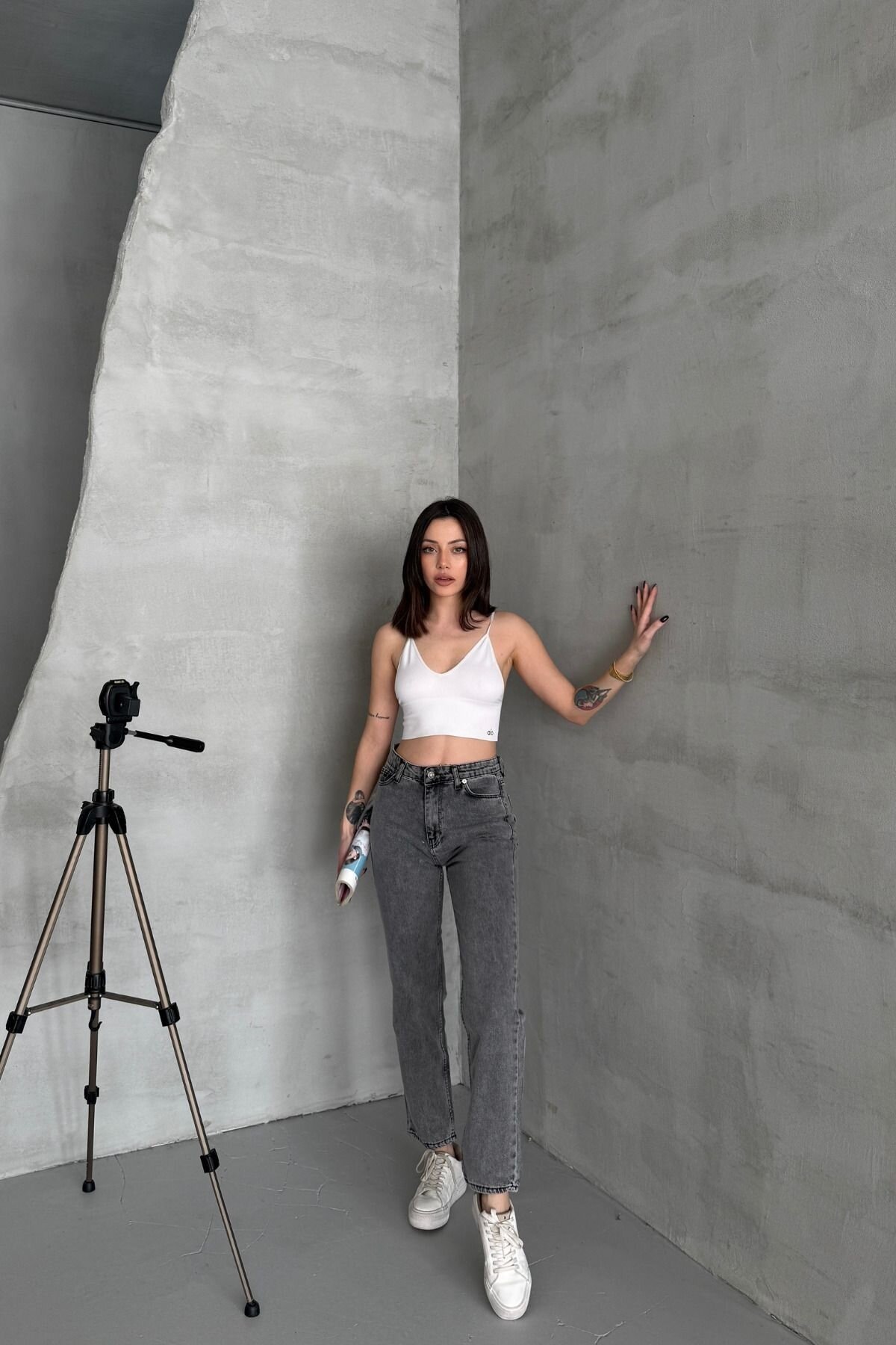 Kadın Jeans Bol Paça Mom Fit Füme Kot Pantolon