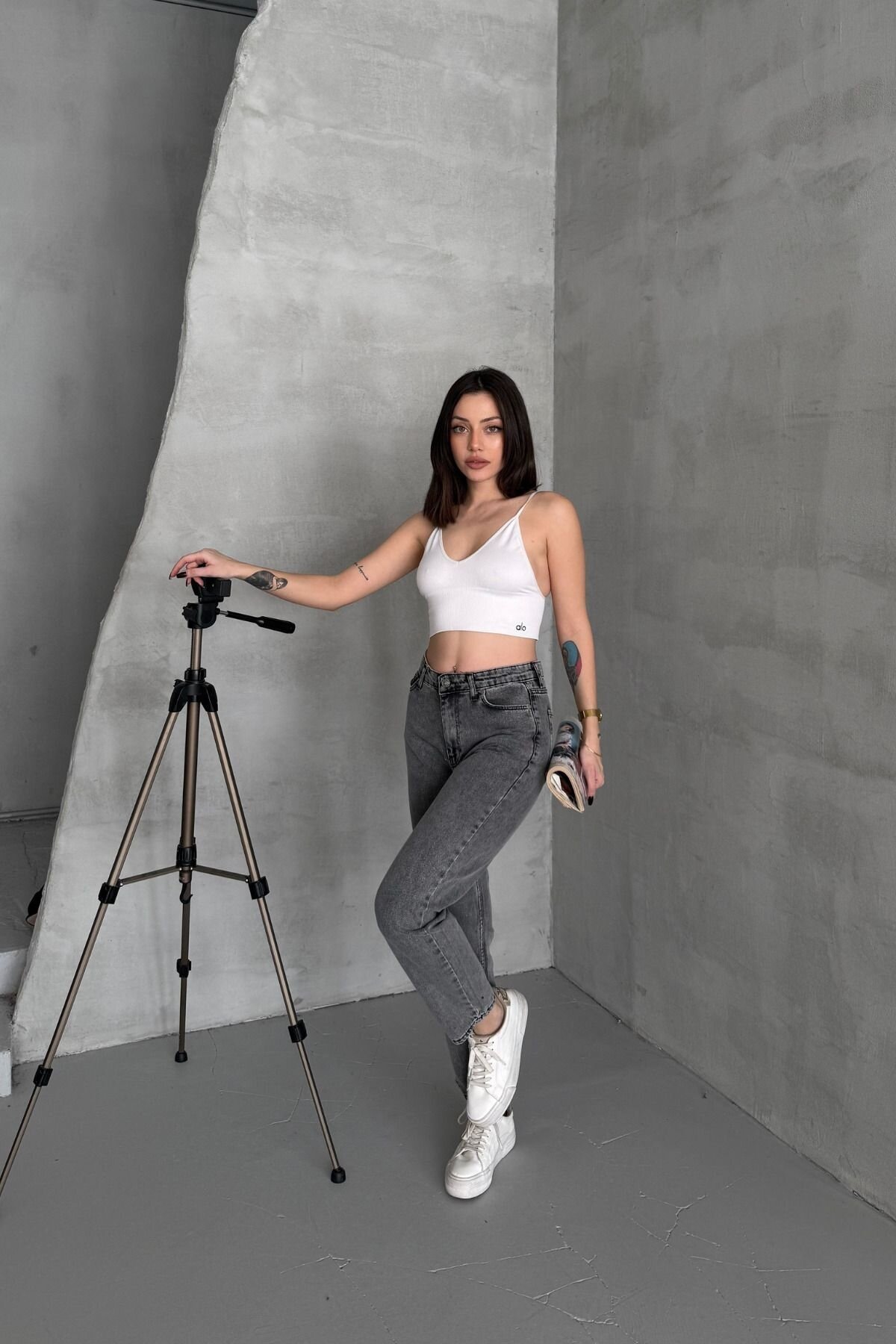 Kadın Jeans Bol Paça Mom Fit Füme Kot Pantolon