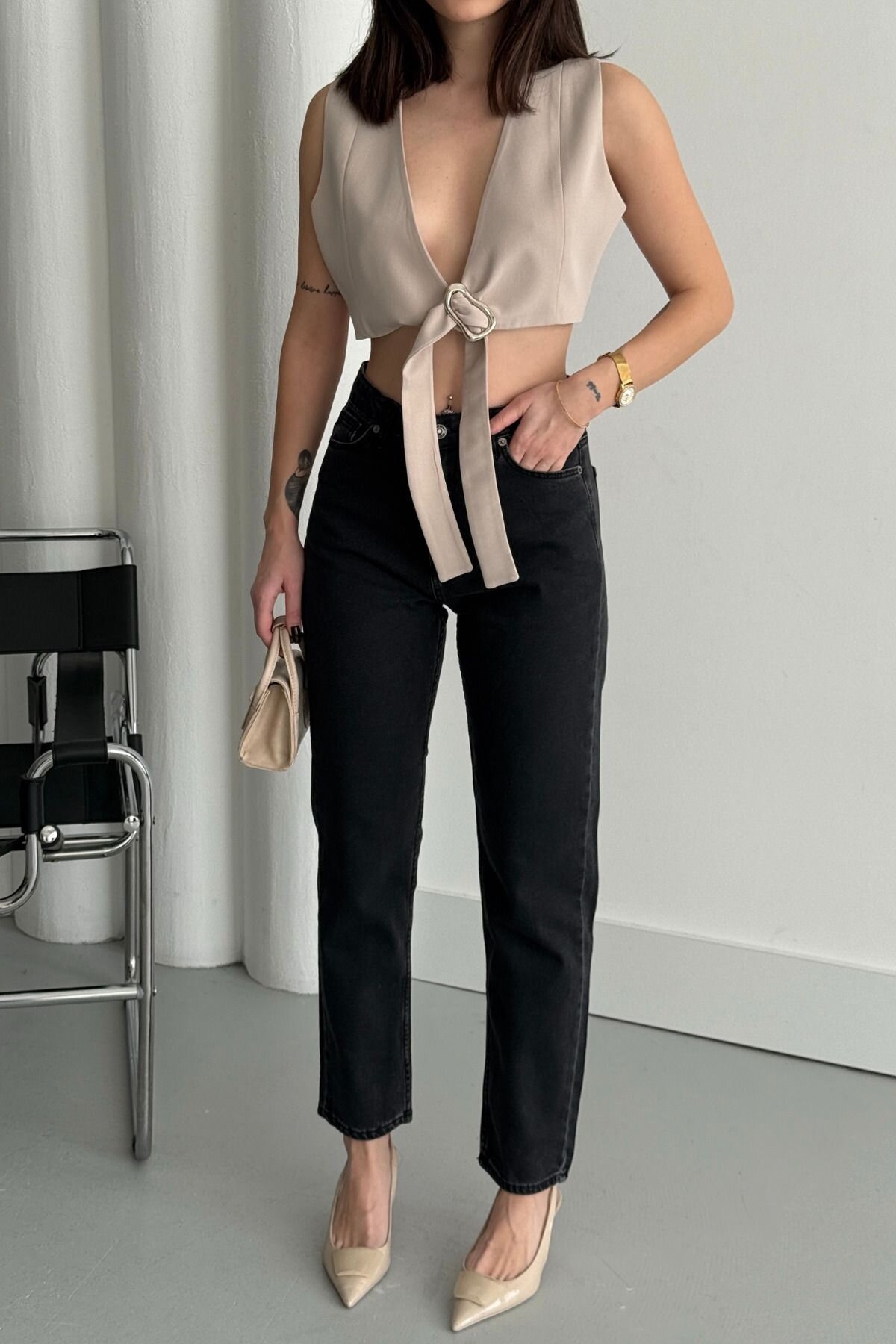 Kadın Jeans Bol Paça Mom Fit Siyah Kot Pantolon