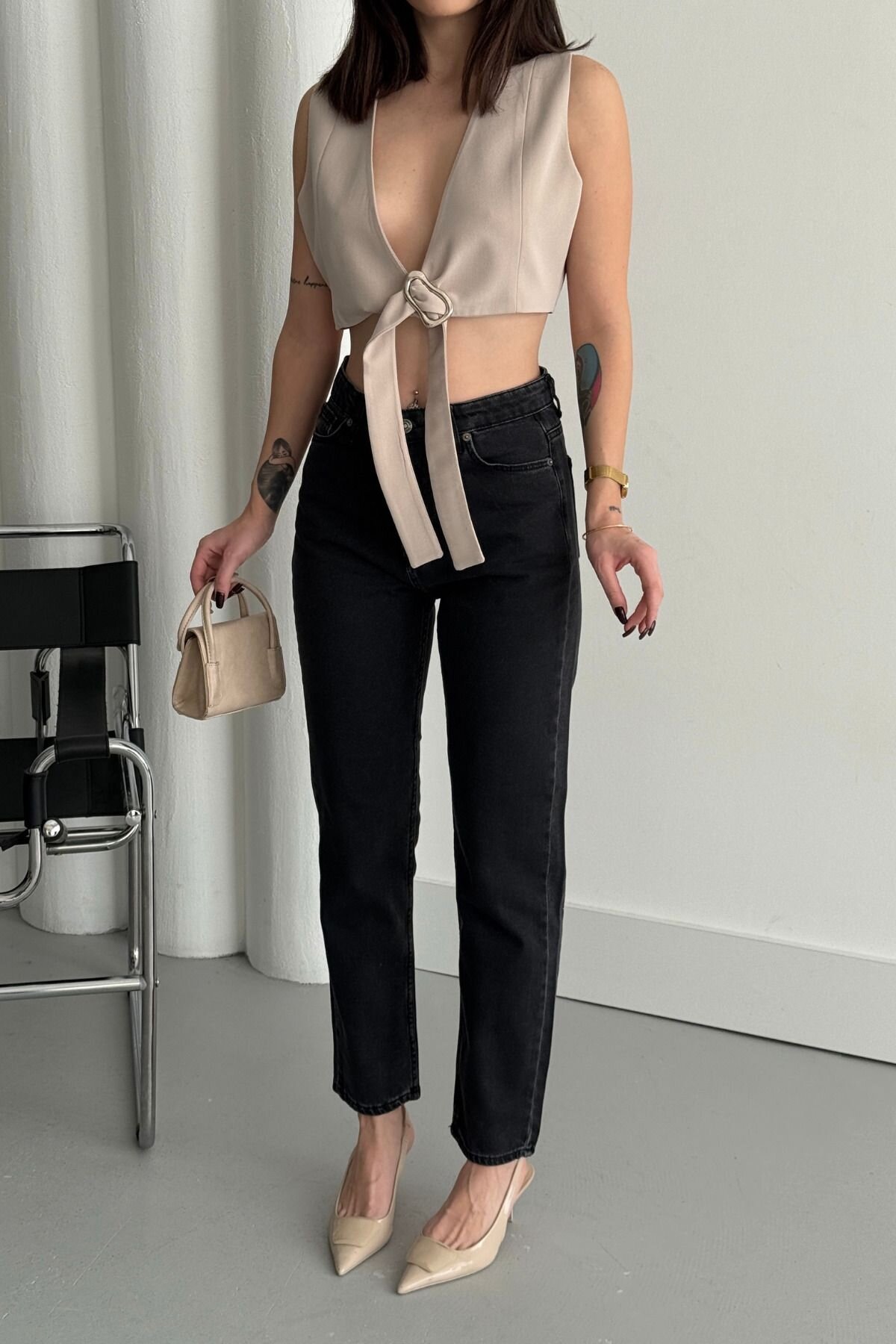 Kadın Jeans Bol Paça Mom Fit Siyah Kot Pantolon