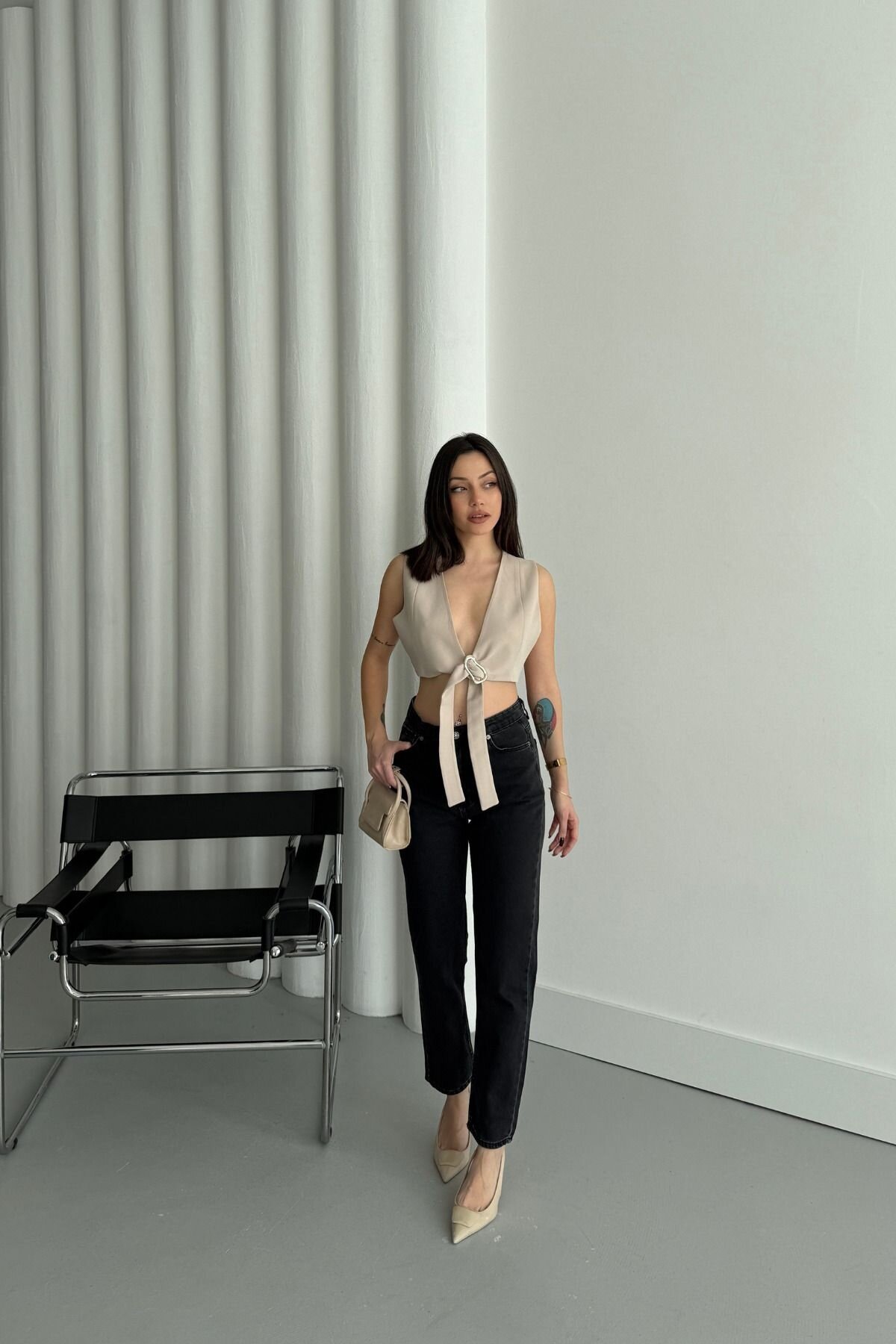 Kadın Jeans Bol Paça Mom Fit Siyah Kot Pantolon