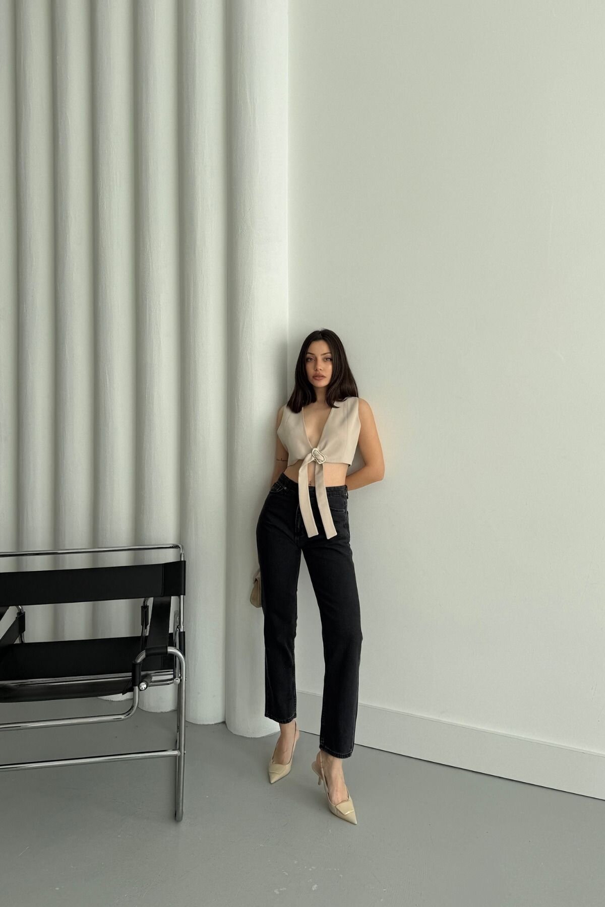 Kadın Jeans Bol Paça Mom Fit Siyah Kot Pantolon