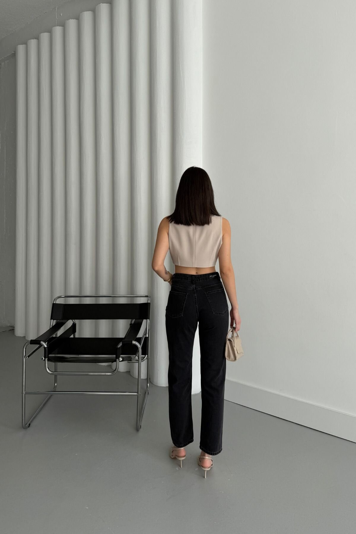 Kadın Jeans Bol Paça Mom Fit Siyah Kot Pantolon