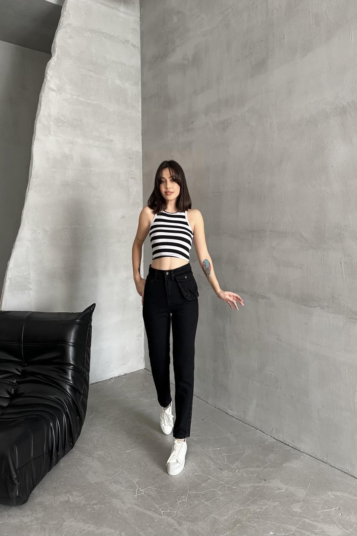 Kadın Jeans Çantalı Bol Paça Mom Fit Siyah Kot Pantolon