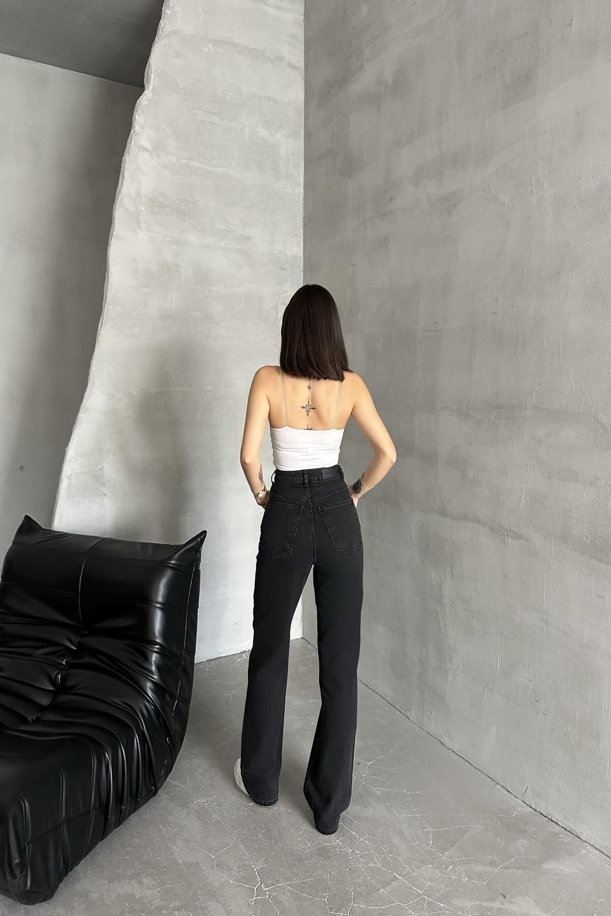 Kadın Jeans Çift Pantolon Bol Paça Palazzo Antrasit Kot Pantolon