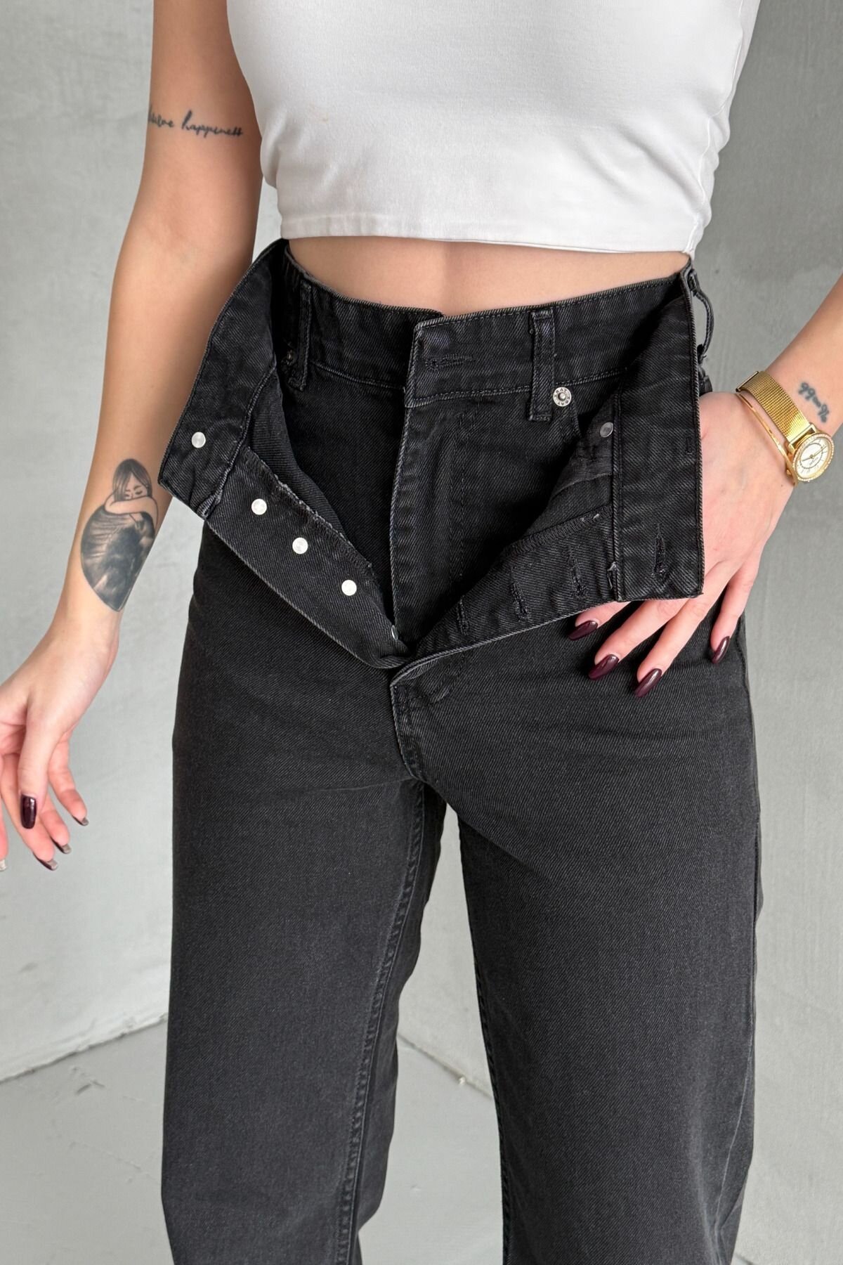 Kadın Jeans Çift Pantolon Bol Paça Palazzo Antrasit Kot Pantolon