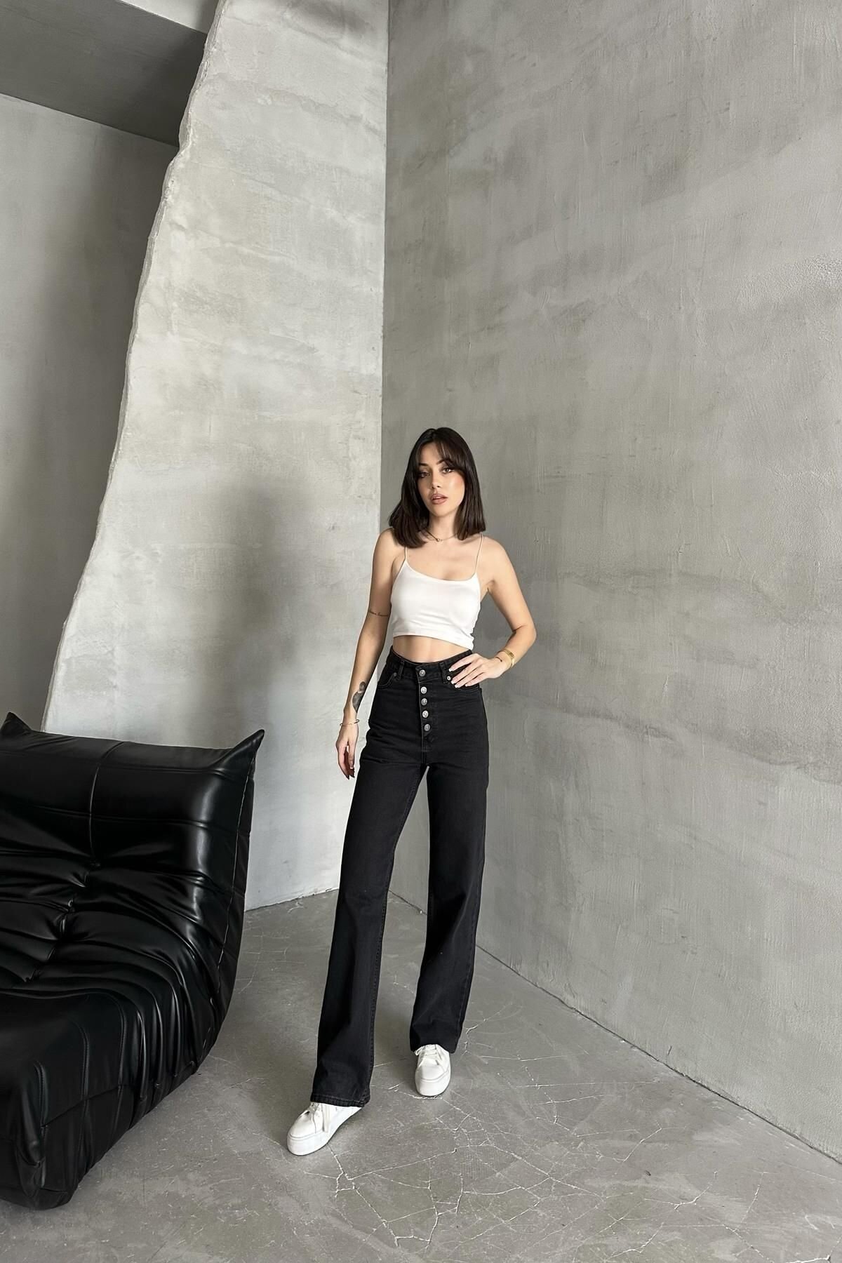 Kadın Jeans Çift Pantolon Bol Paça Palazzo Antrasit Kot Pantolon