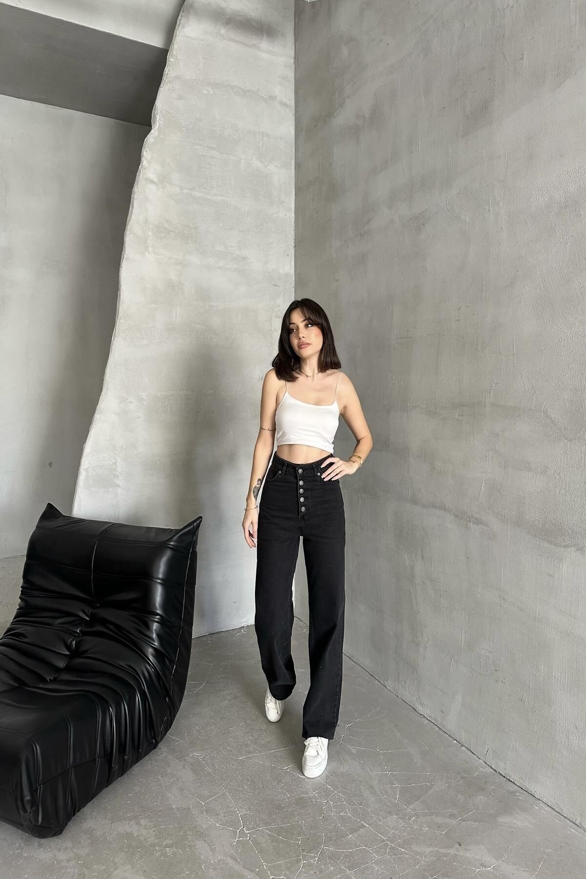 Kadın Jeans Çift Pantolon Bol Paça Palazzo Antrasit Kot Pantolon