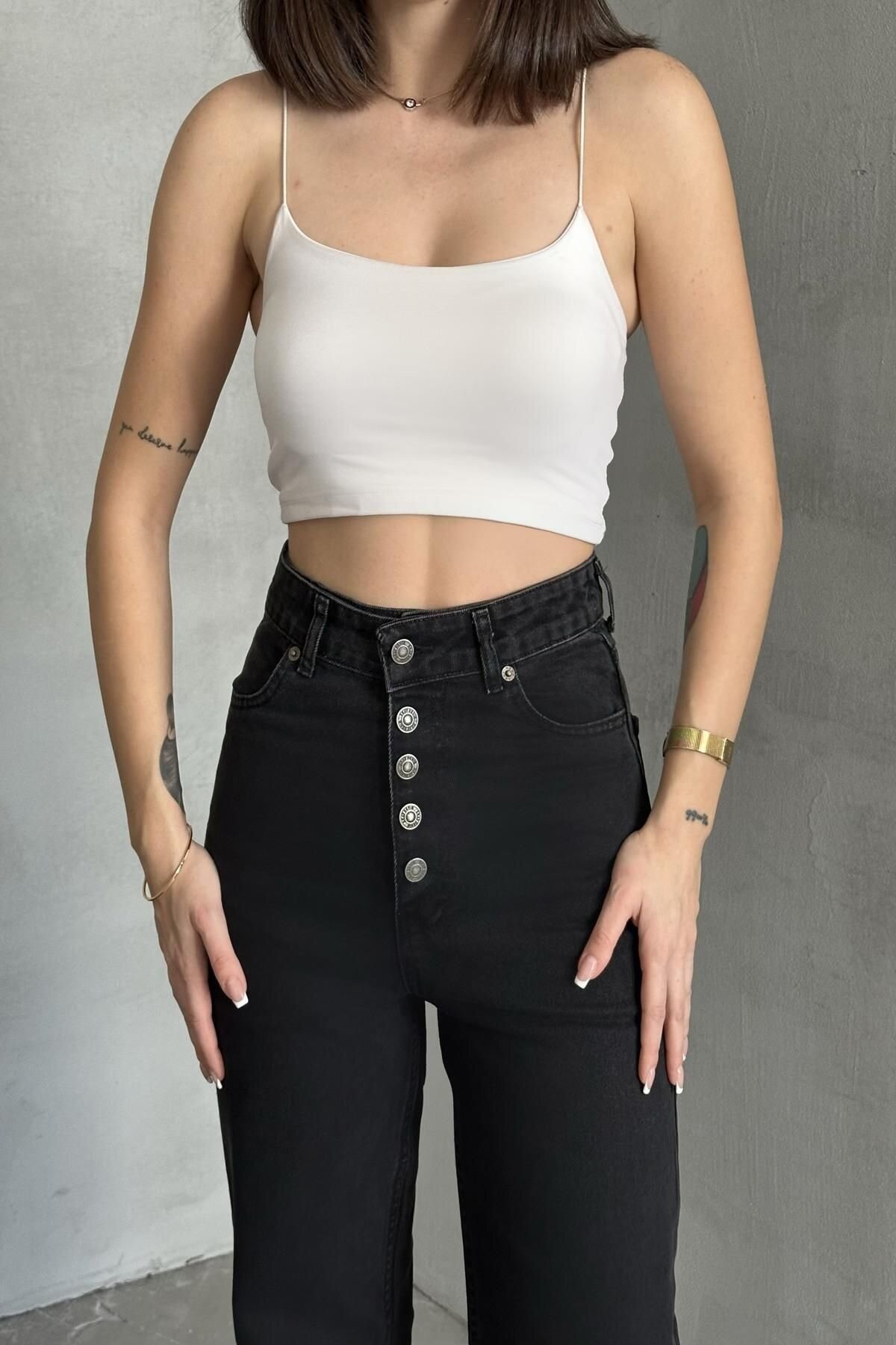 Kadın Jeans Çift Pantolon Bol Paça Palazzo Antrasit Kot Pantolon