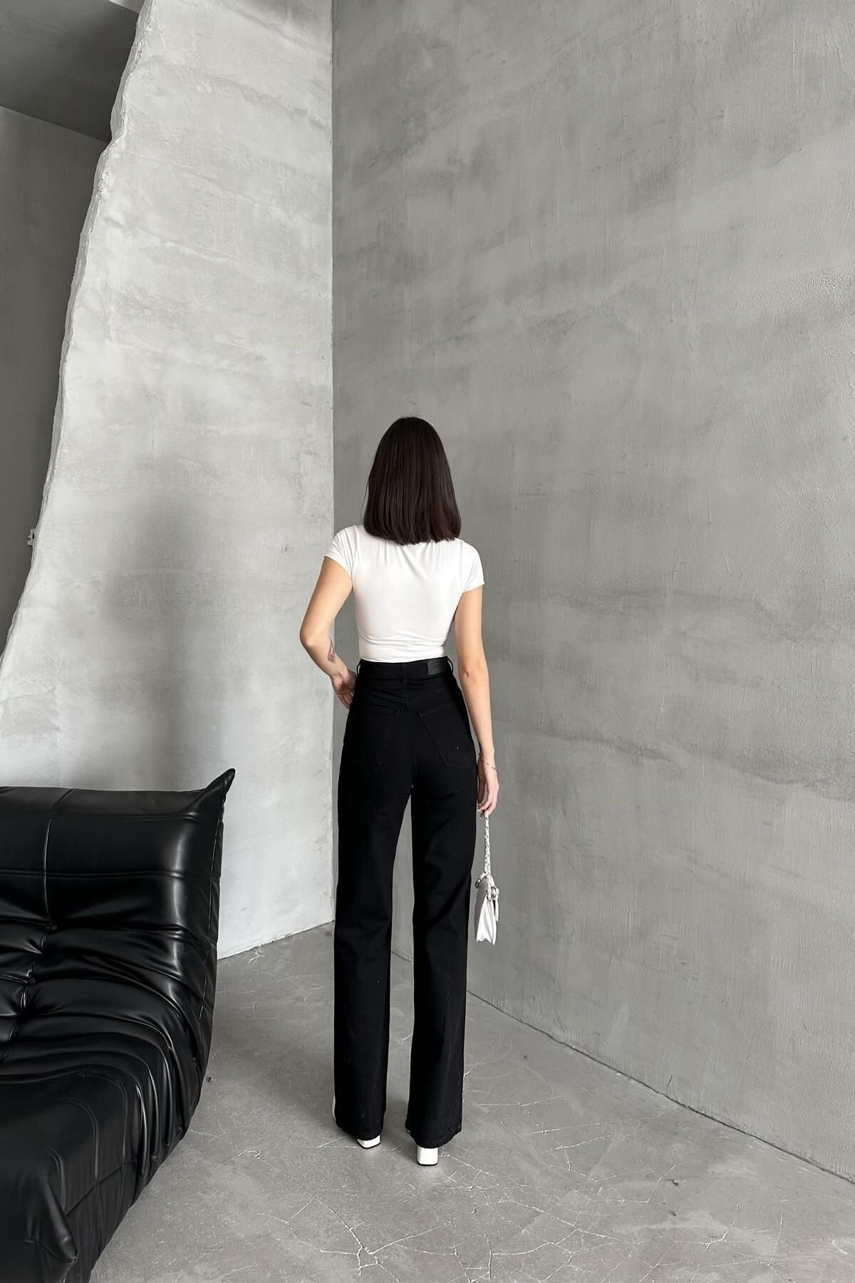 Kadın Jeans Çift Pantolon Bol Paça Palazzo Siyah Kot Pantolon