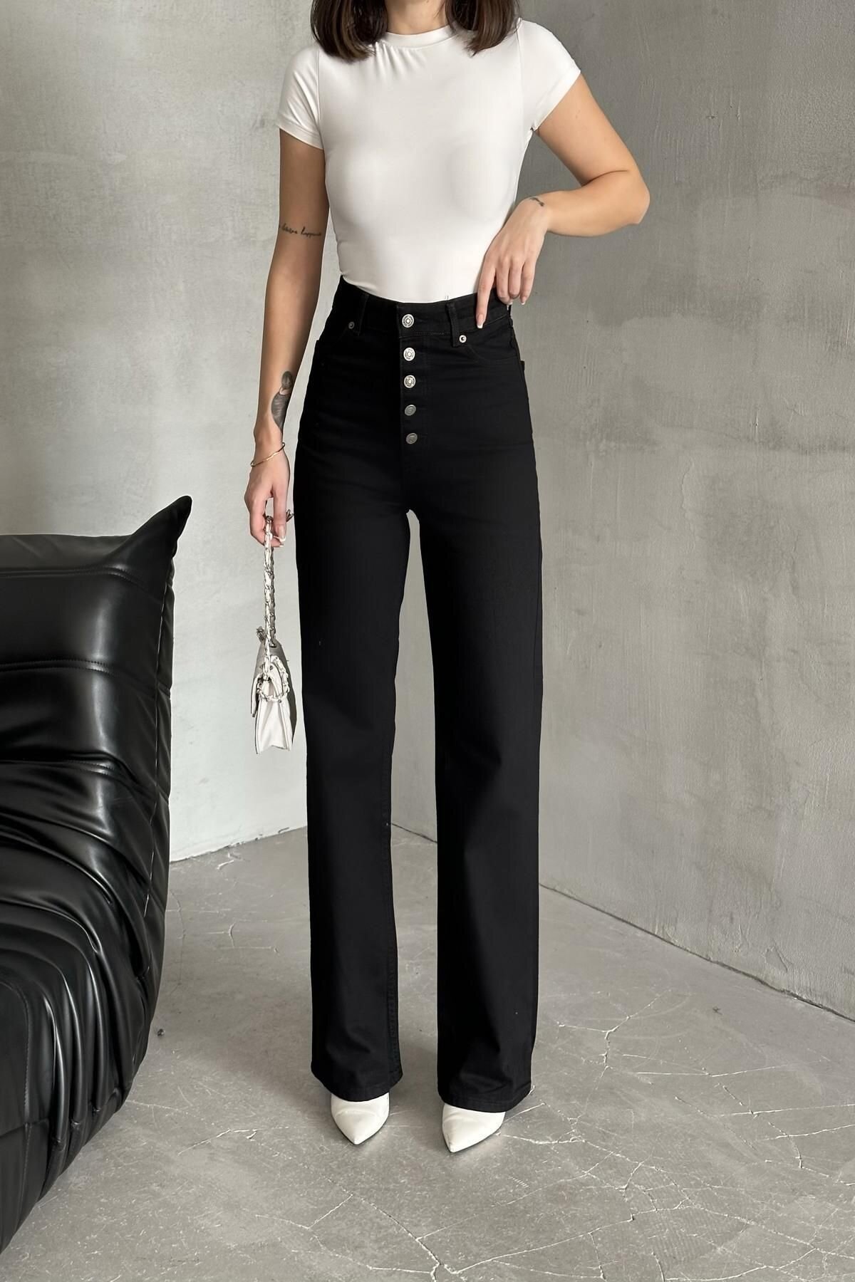 Kadın Jeans Çift Pantolon Bol Paça Palazzo Siyah Kot Pantolon