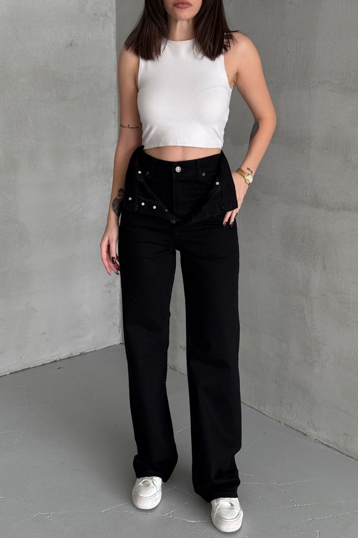 Kadın Jeans Çift Pantolon Bol Paça Palazzo Siyah Kot Pantolon