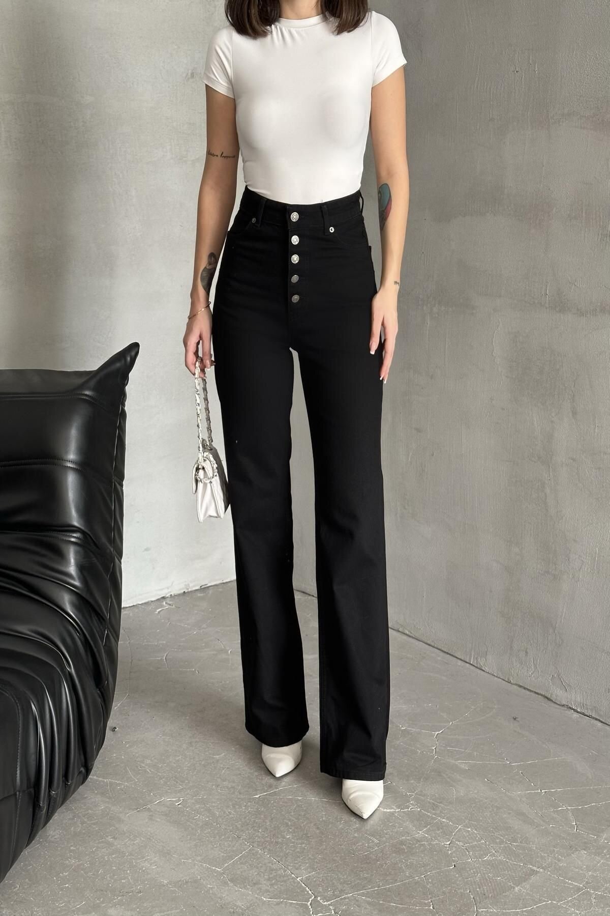 Kadın Jeans Çift Pantolon Bol Paça Palazzo Siyah Kot Pantolon